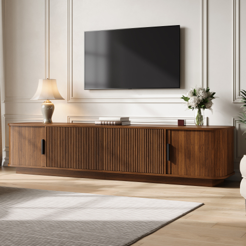 Meuble TV finition noyer avec façade arrondie et textures décoratives