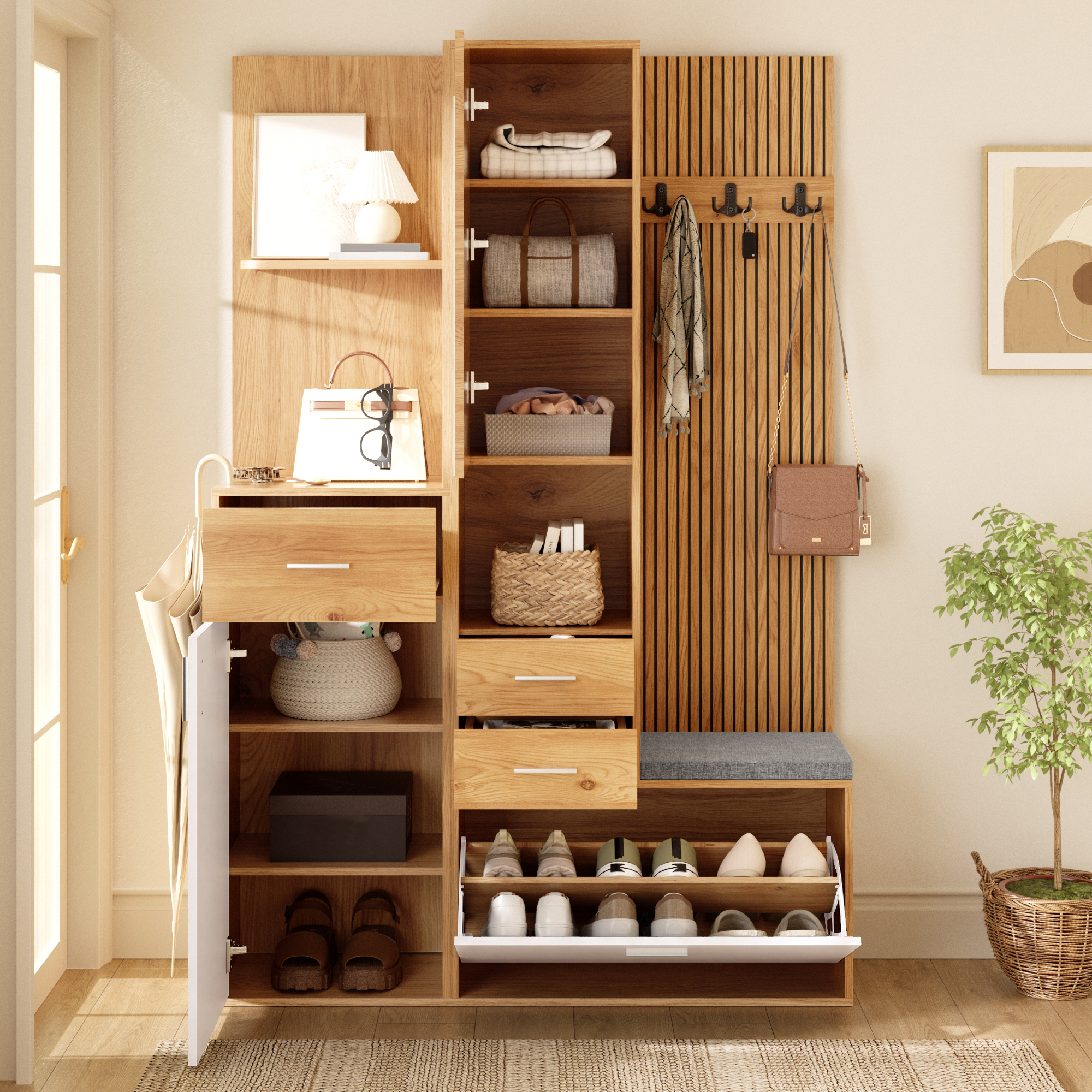 Armoire penderie 120 x 32 x 178 cm, portes courbes, tringle, tiroirs, LED, MDF et panneaux de particules, Effet bois naturel et Blanc - vue complémentaire