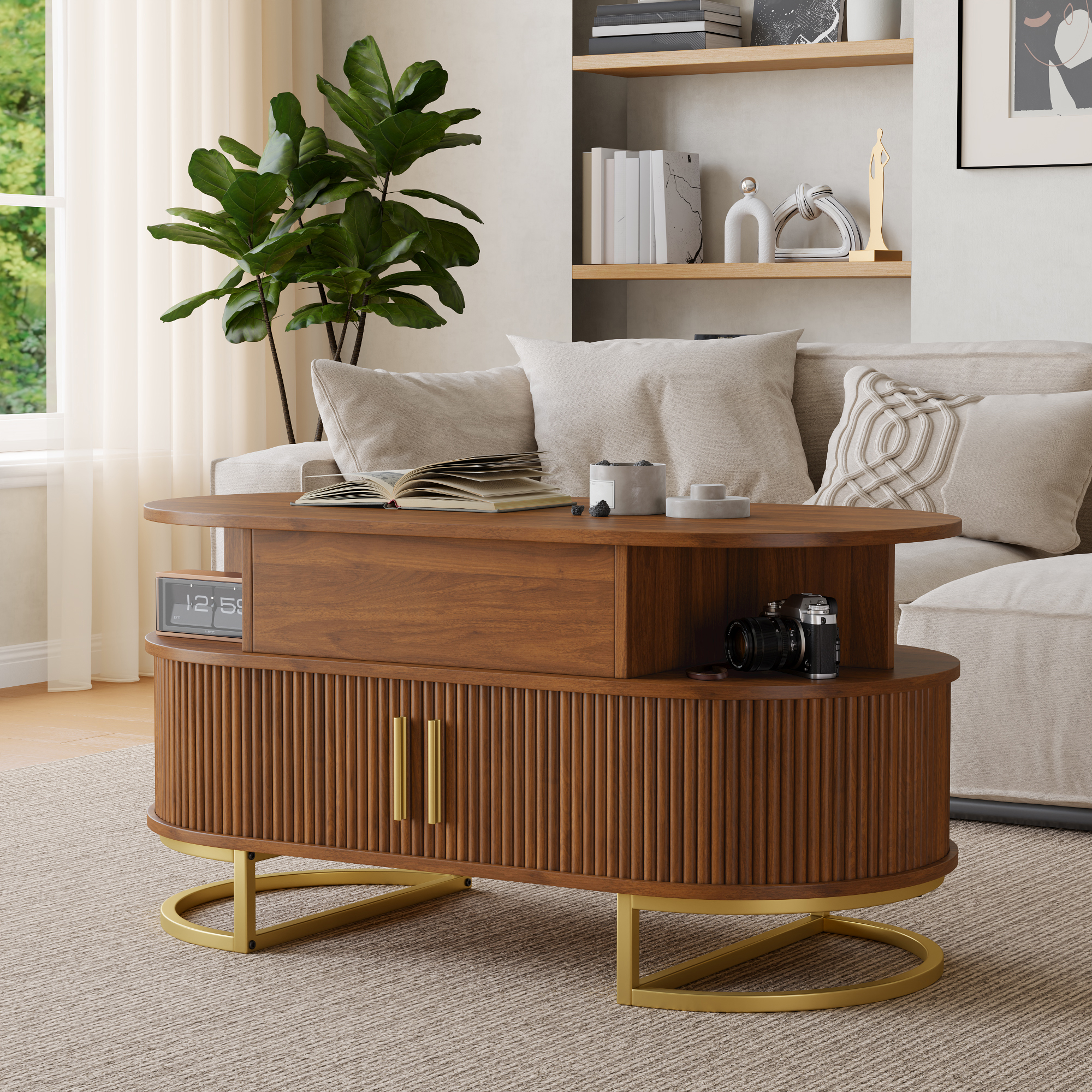 Table basse, hauteur réglable, rangement intégré, 100 x 50 x 64 cm, acier et MDF, Walnut - vue 7