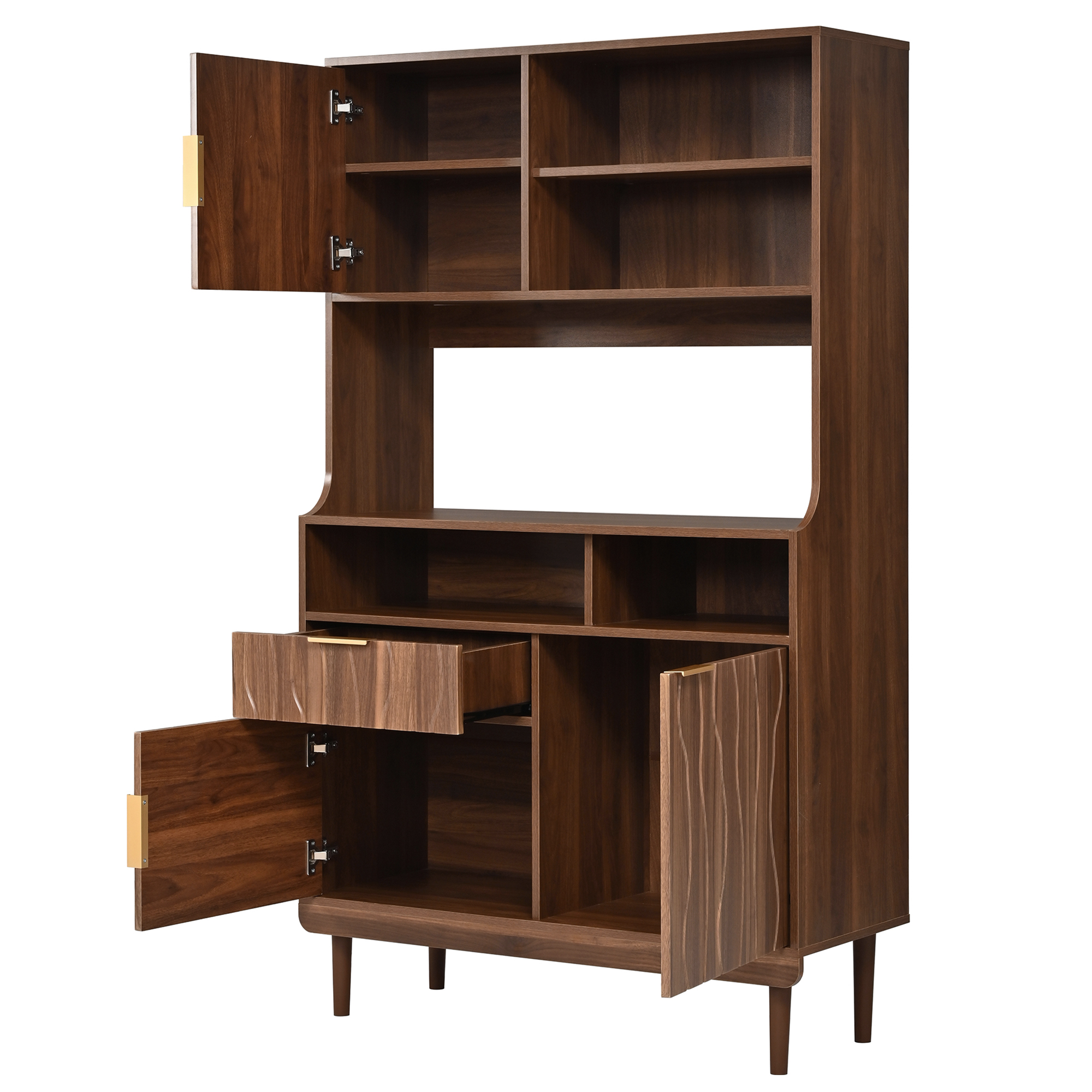 Buffet haut 100 x 32 x 170 cm, 3 portes, MDF et panneaux de particules, Effet noyer - vue complémentaire
