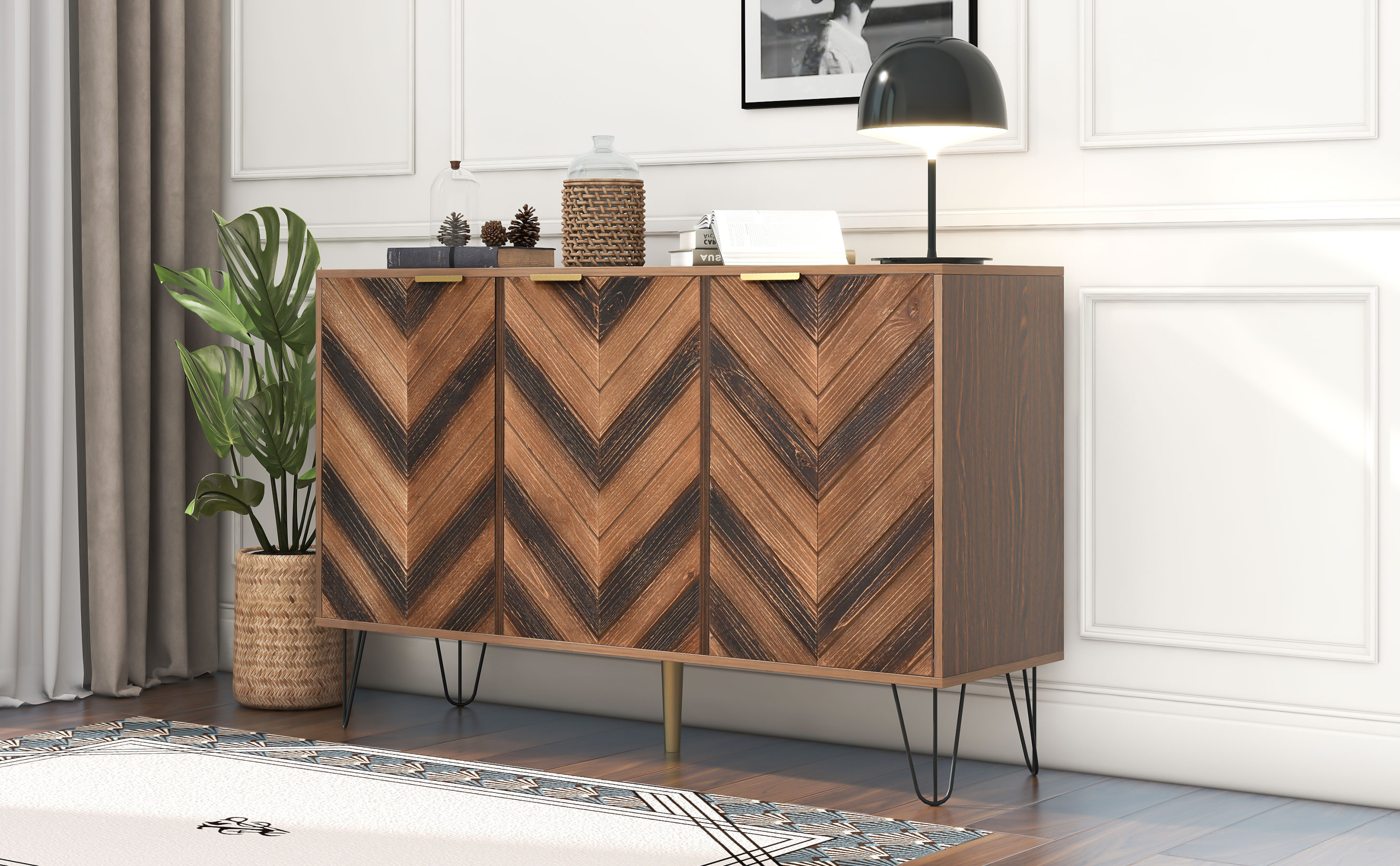 Buffet 3 portes 120×38×76,5 cm, poignées dorées, finition bois naturel, chaque porte avec compartiment et étagère réglable, design élégant moderne, beaucoup d'espace de rangement, pour salon et salle à manger - image 19