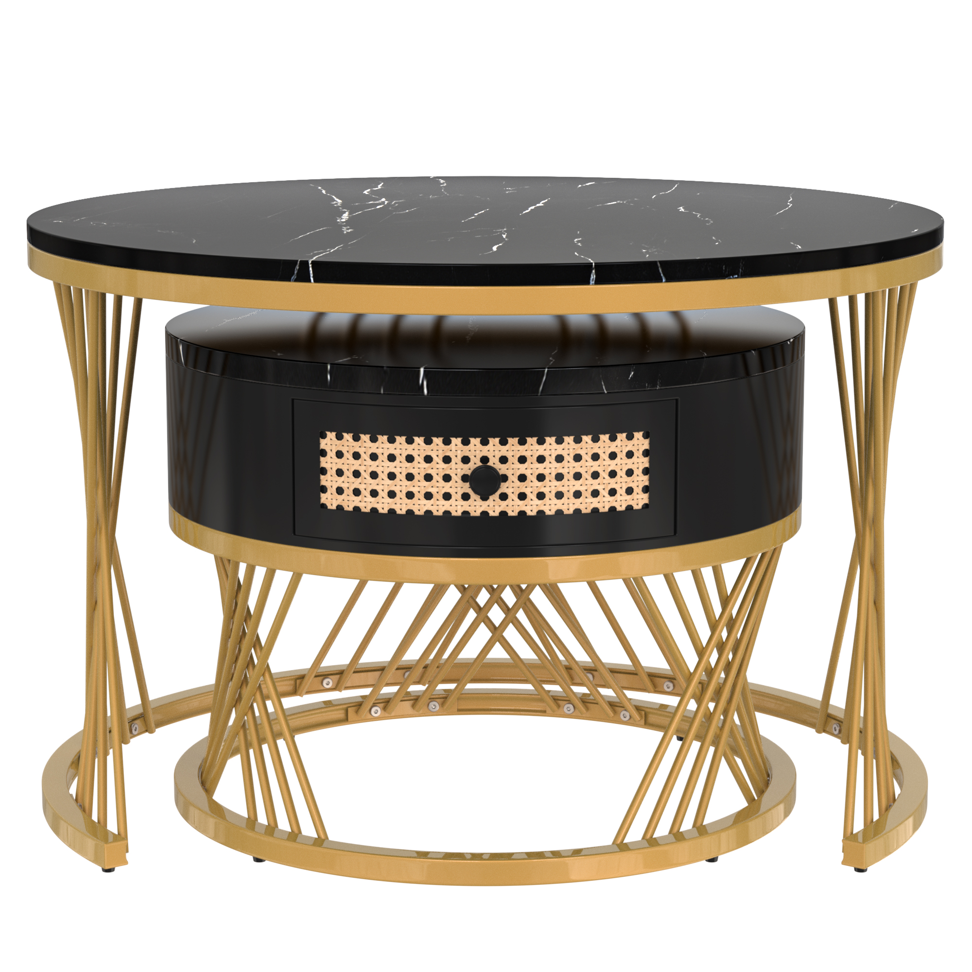Table basse, avec tiroirs, détails en rotin, 50 x 50 x 38,5cm, bois massif et rotin, noir - vue 2