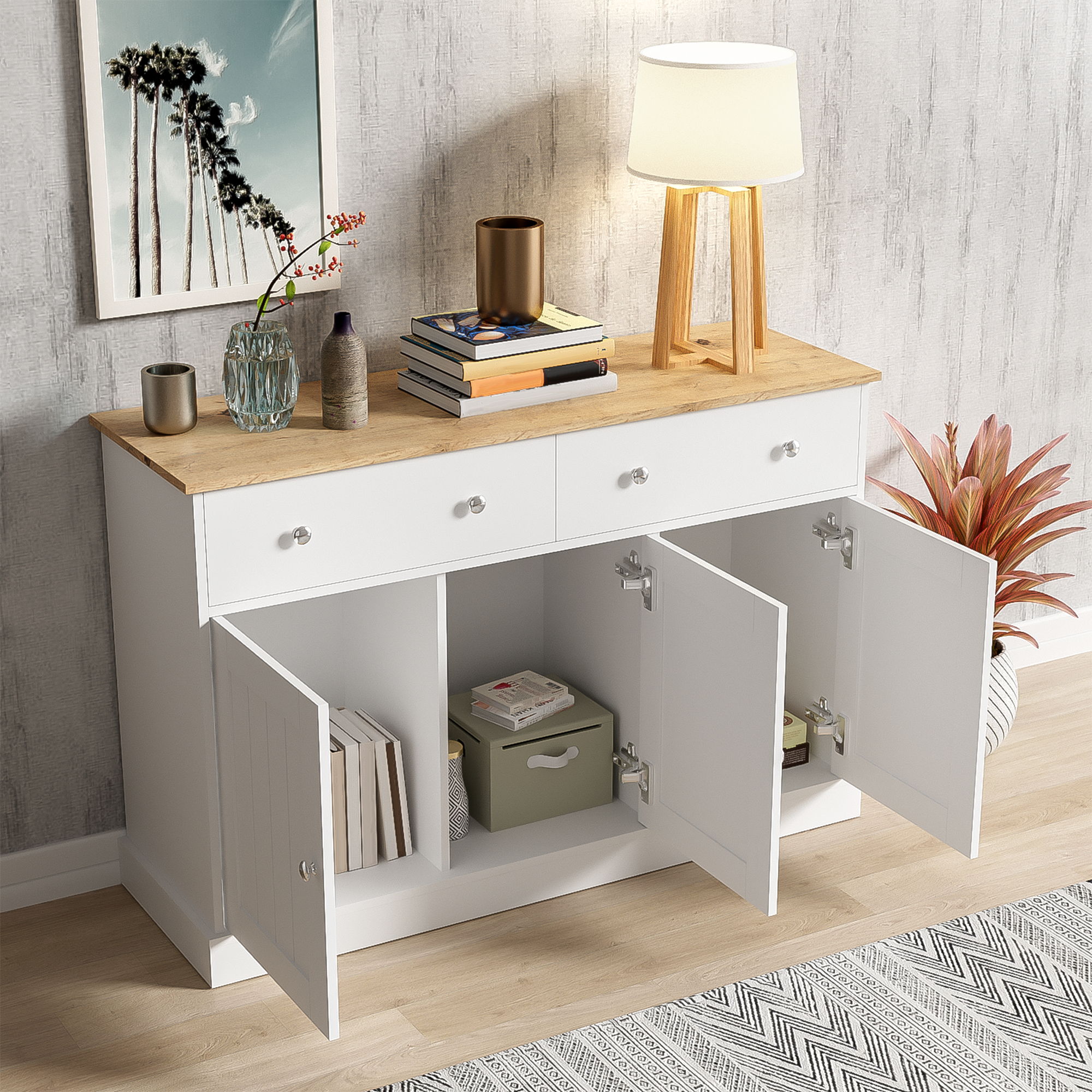 3 portes et 2 tiroirs offrent un grand espace de rangement