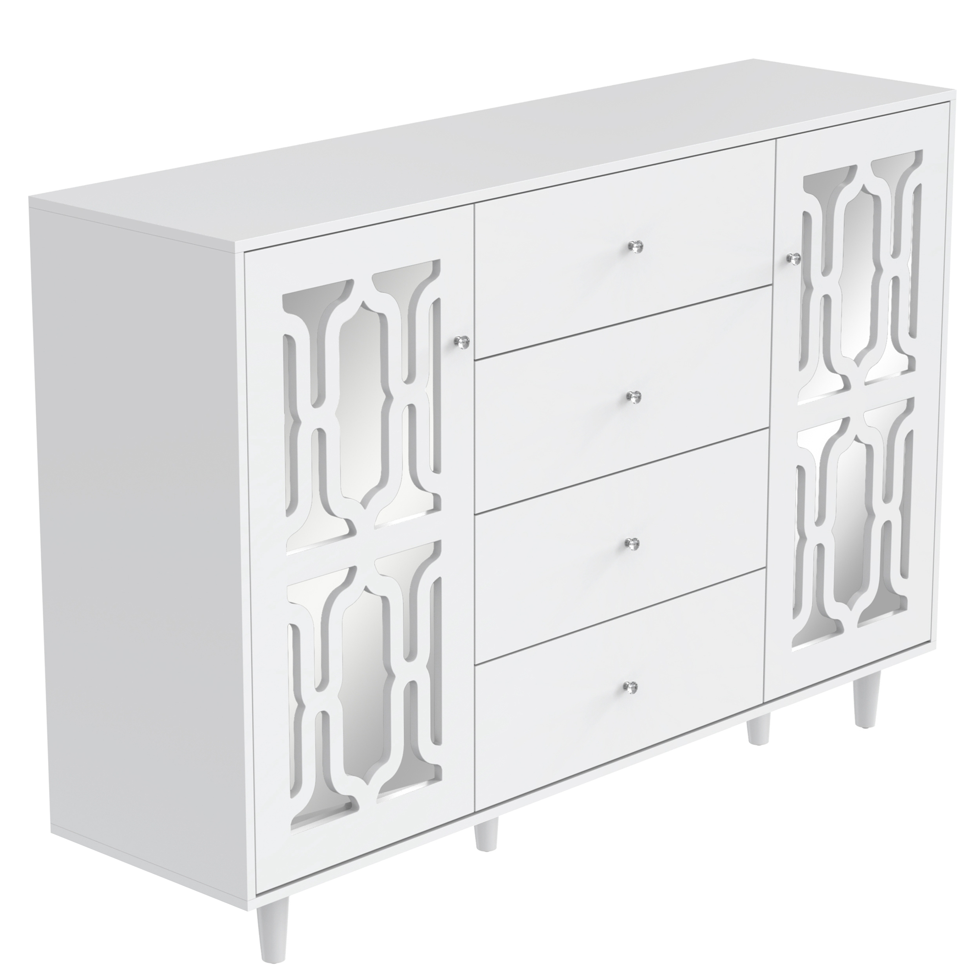 Buffet blanc avec surface miroir, poignée verre cristal, 2 portes + 4 tiroirs, pieds bois massif, dimensions 147.5×40×102 cm, pour salon et entrée, design luxueux, beaucoup de rangement, style élégant - image 13