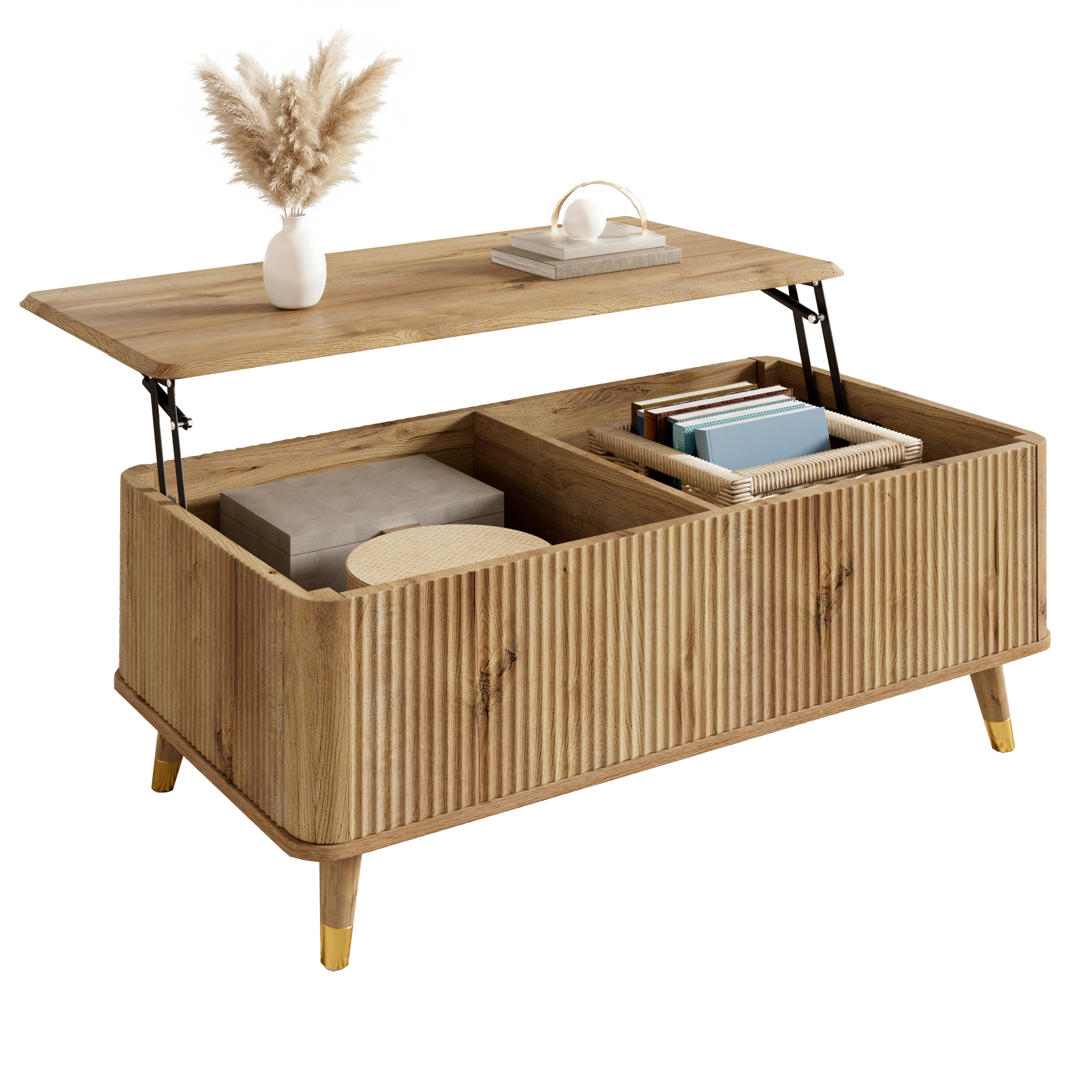 Table basse ronde, table de salon 97 x 52 x 56,5 cm avec plateau relevable, façade ondulée 3D, MDF, Effet bois naturel