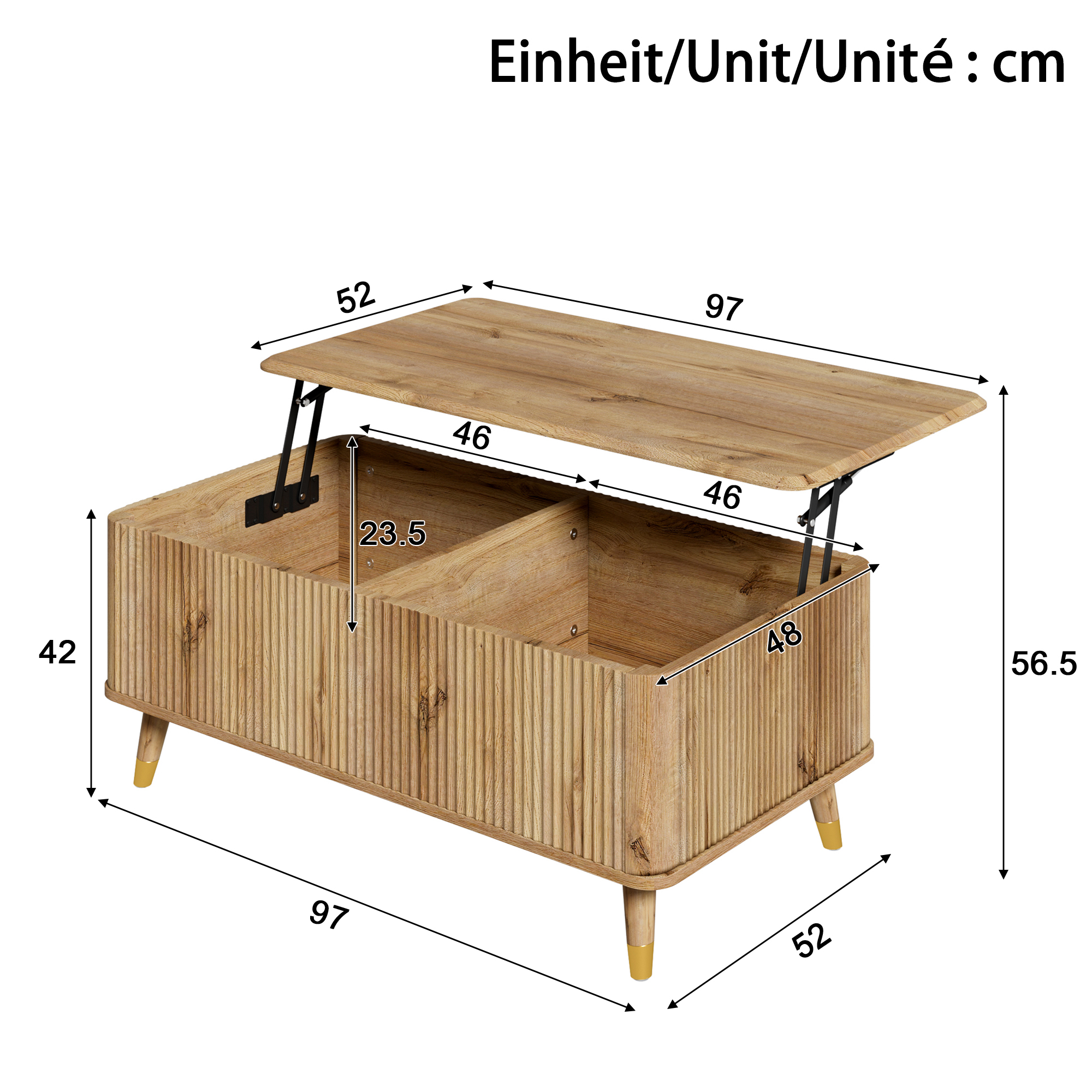 Table basse, hauteur réglable, rangement intégré, 97 x 52 x 56,5 cm, bois et MDF, bois naturel - vue 3