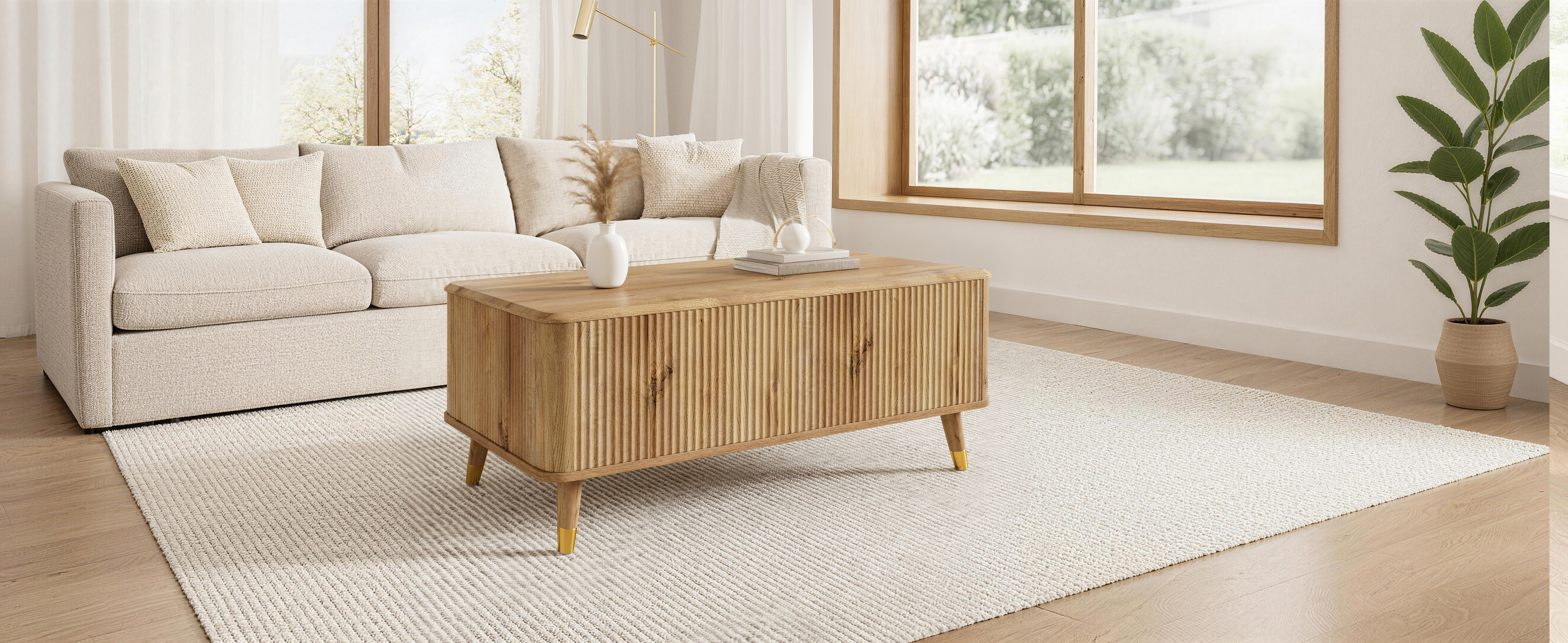 Table basse, hauteur réglable, rangement intégré, 97 x 52 x 56,5 cm, bois et MDF, bois naturel - vue 5
