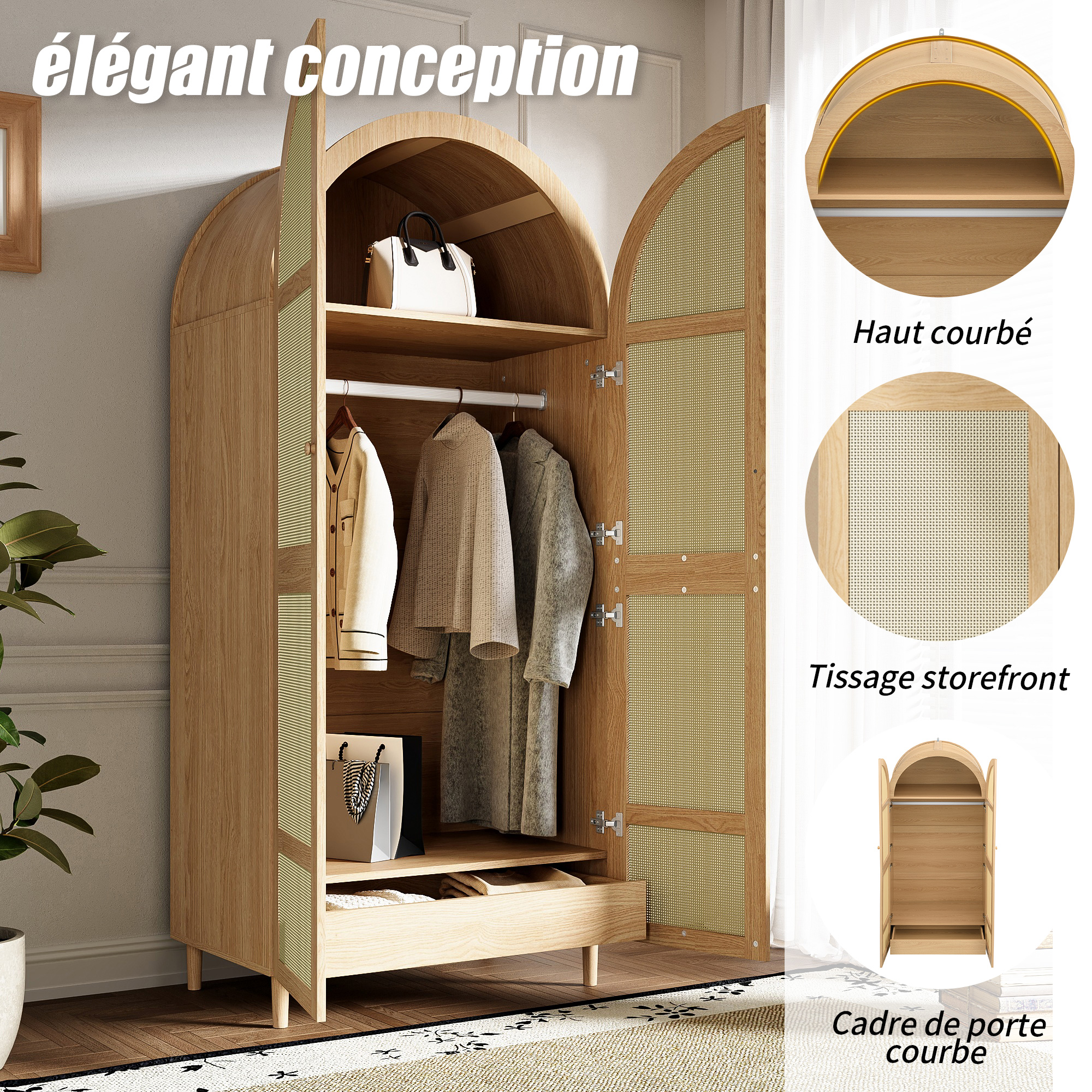 Vue détaillée de l'armoire naturelle avec rangement intérieur