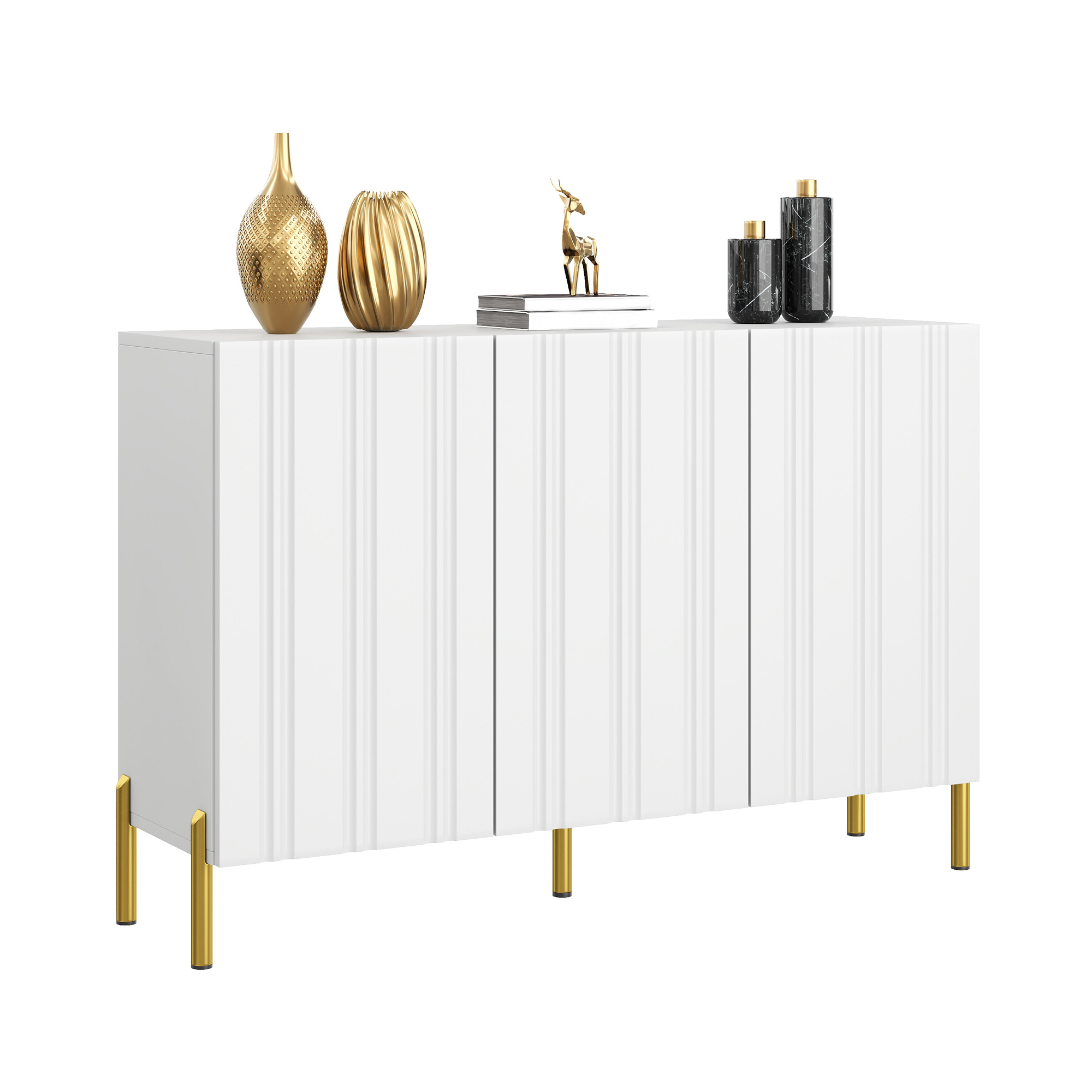 Meuble à chaussures 120 cm, meuble de rangement d’entrée avec 3 portes, étagères réglables, façades rainurées, panneaux de particules et MDF, Blanc