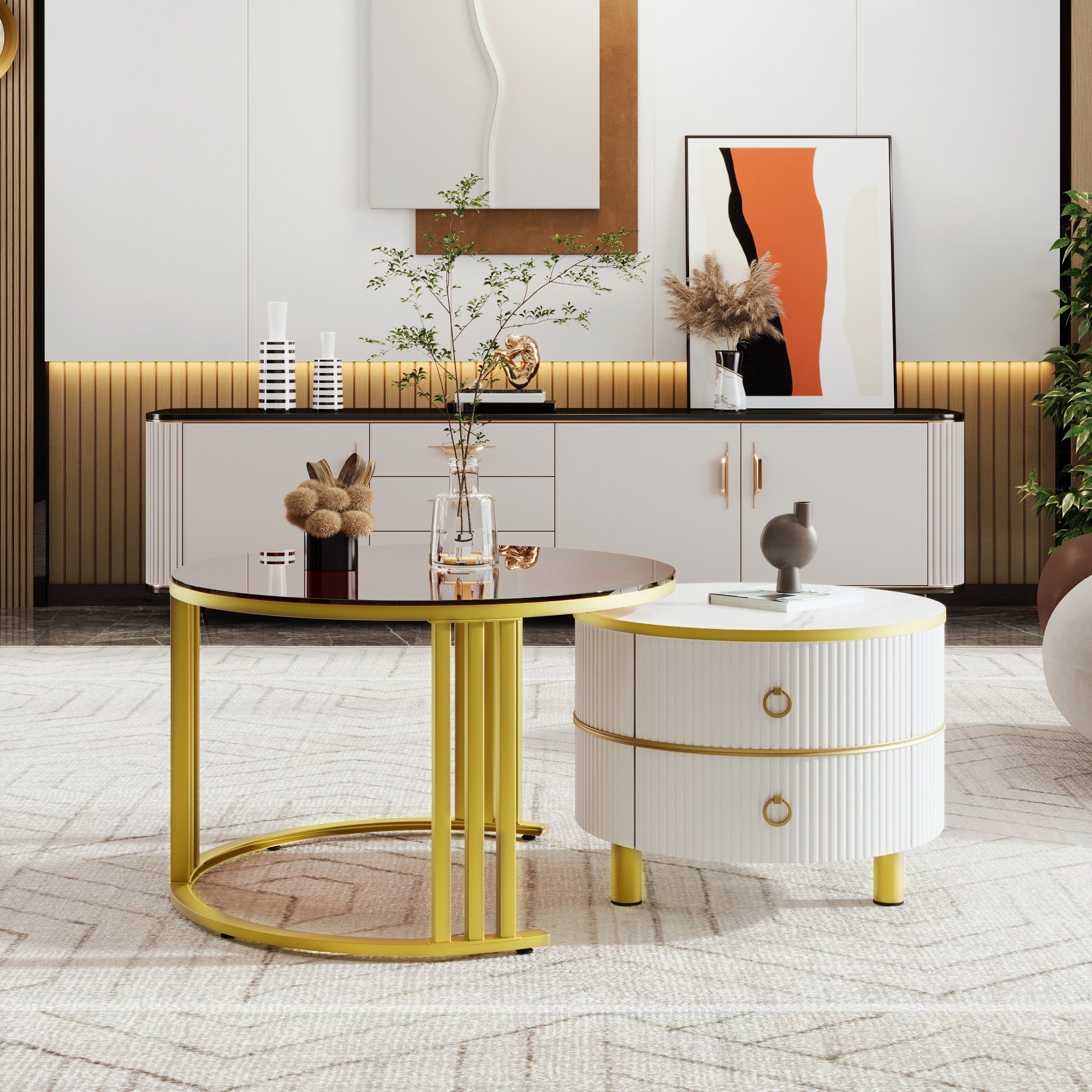2-in-1 runder Couchtisch aus MDF, Beistelltisch mi