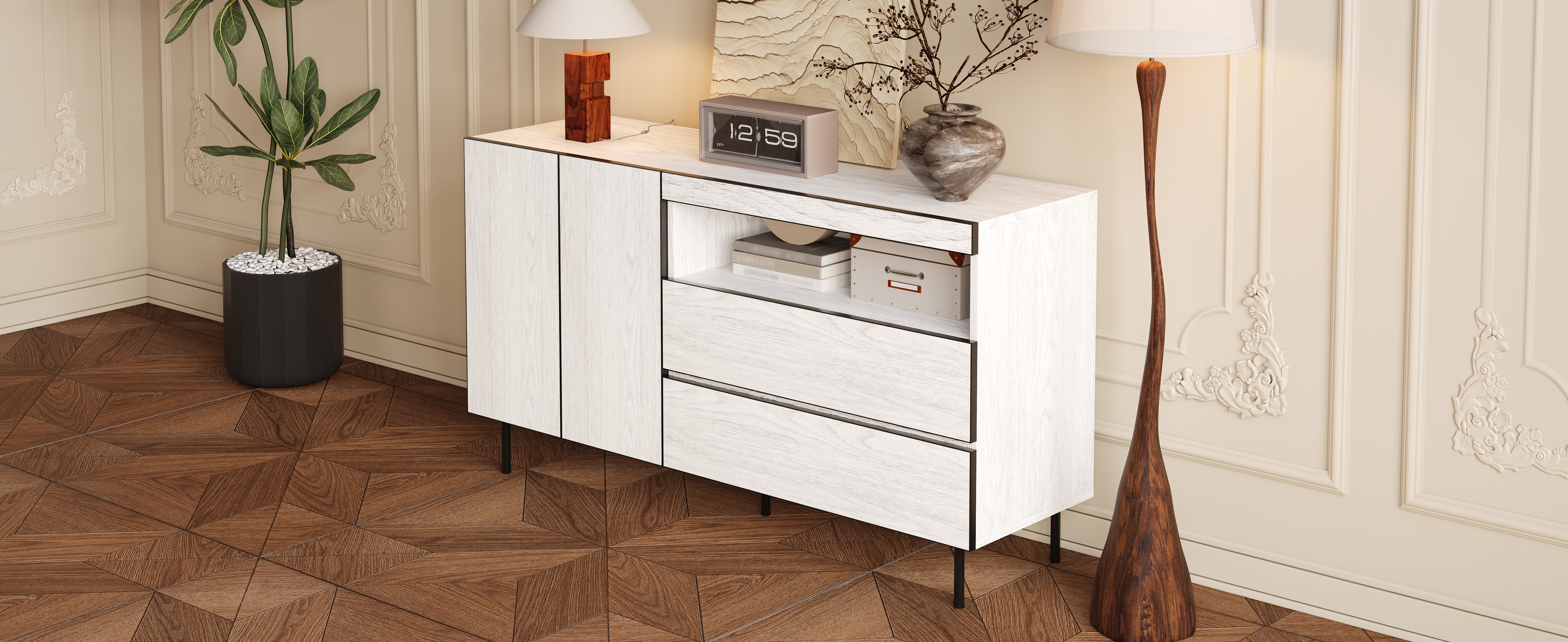 Buffet, avec tiroirs, 140 x 42 x 77 cm, panneaux de particules, blanc - vue 5