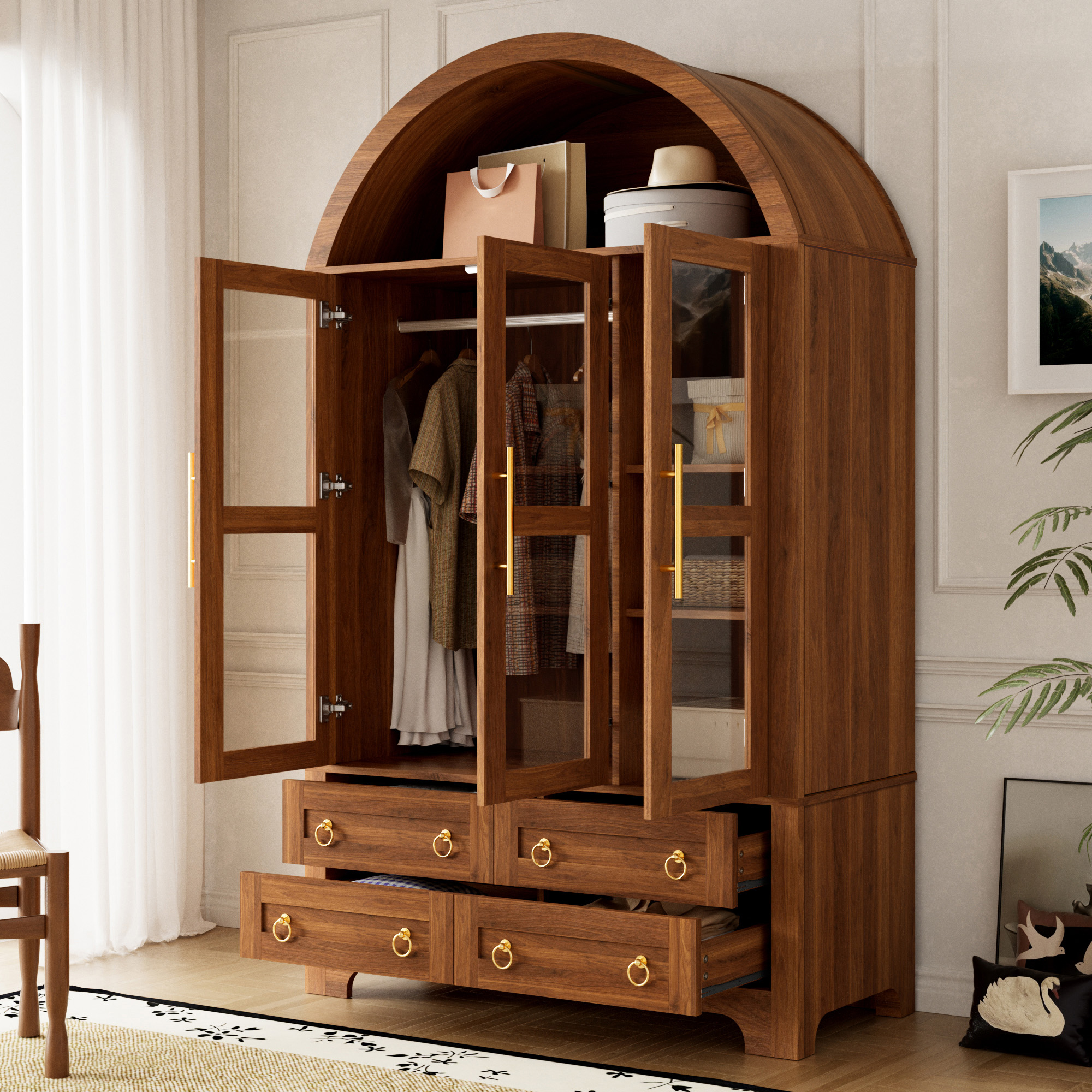 Penderie et tiroirs ouverts de l’armoire aspect noyer