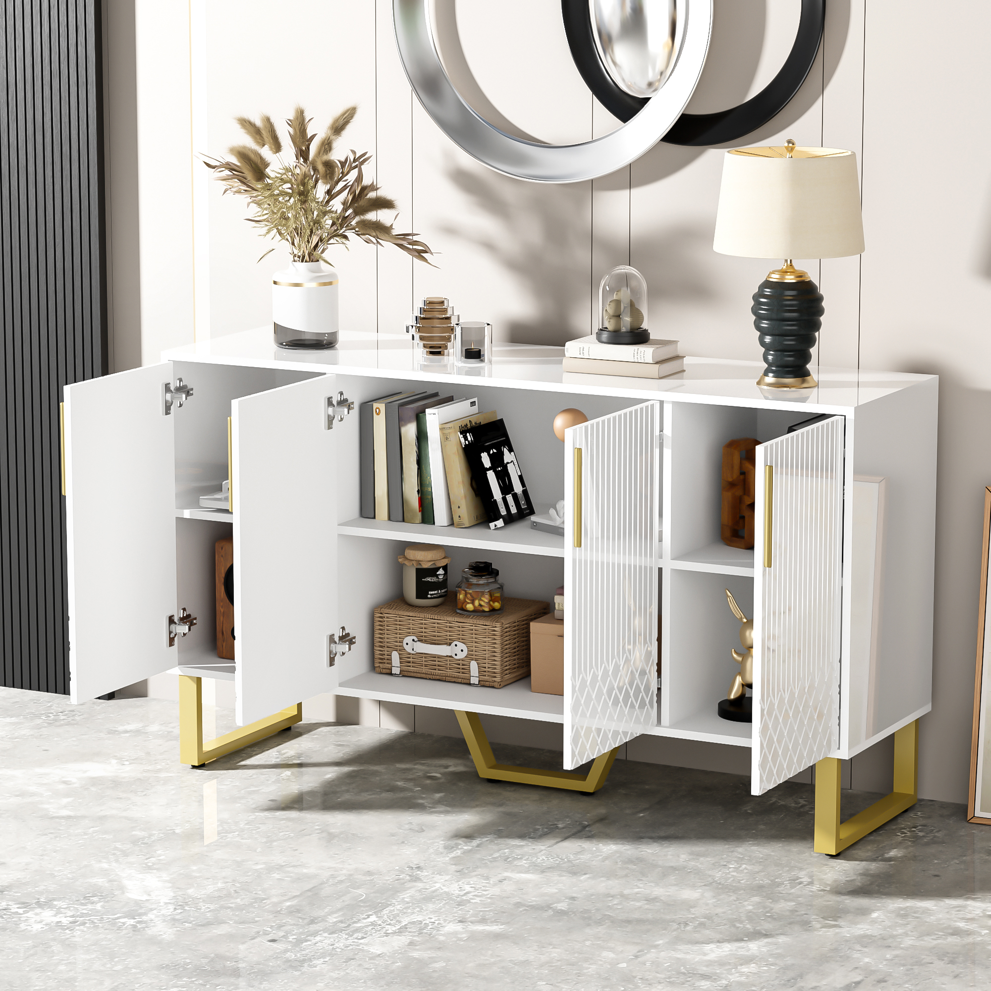 Buffet, 140 x 40 x 80 cm, métal et MDF, blanc - vue 3