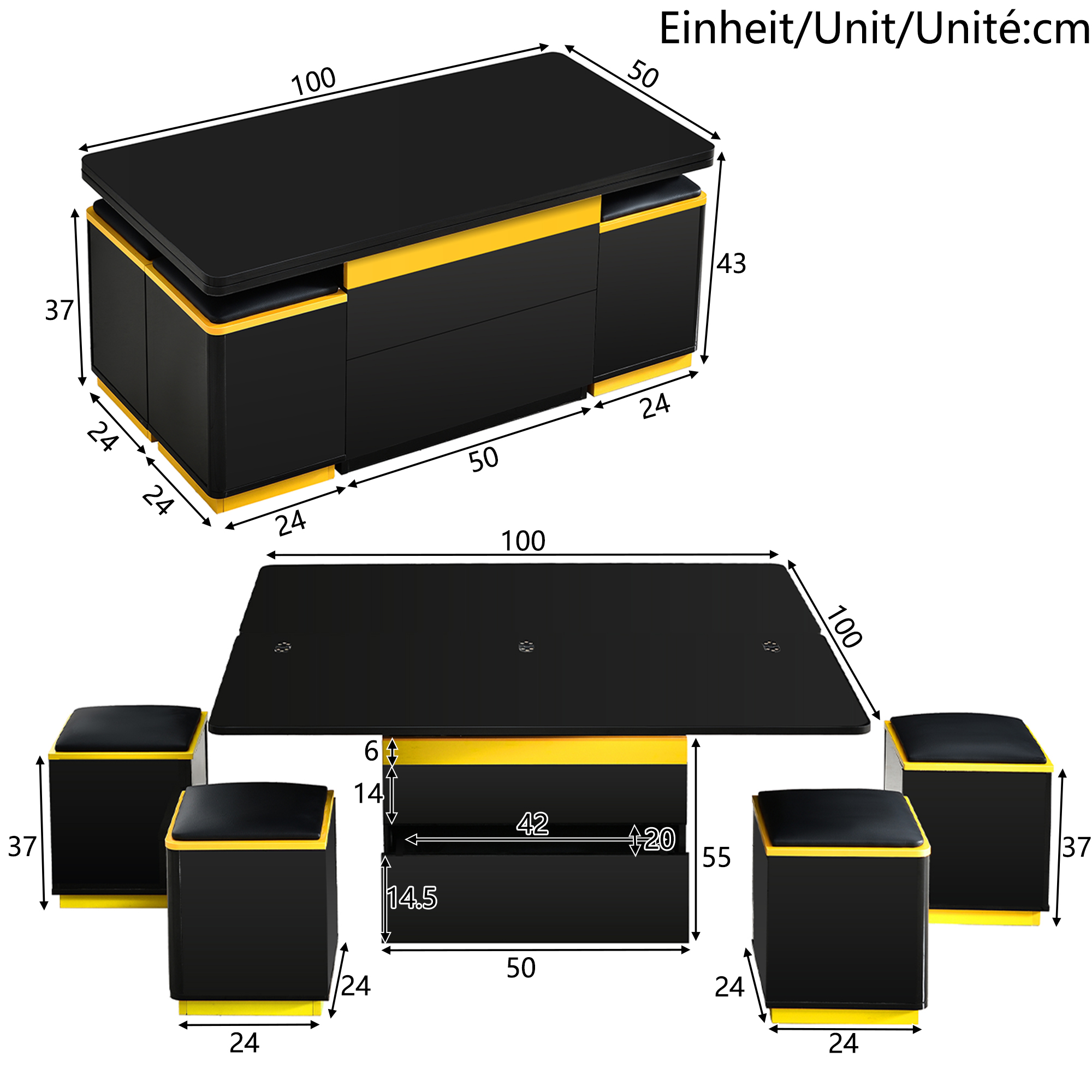 Dimensions de la table basse relevable et pliable avec tabourets