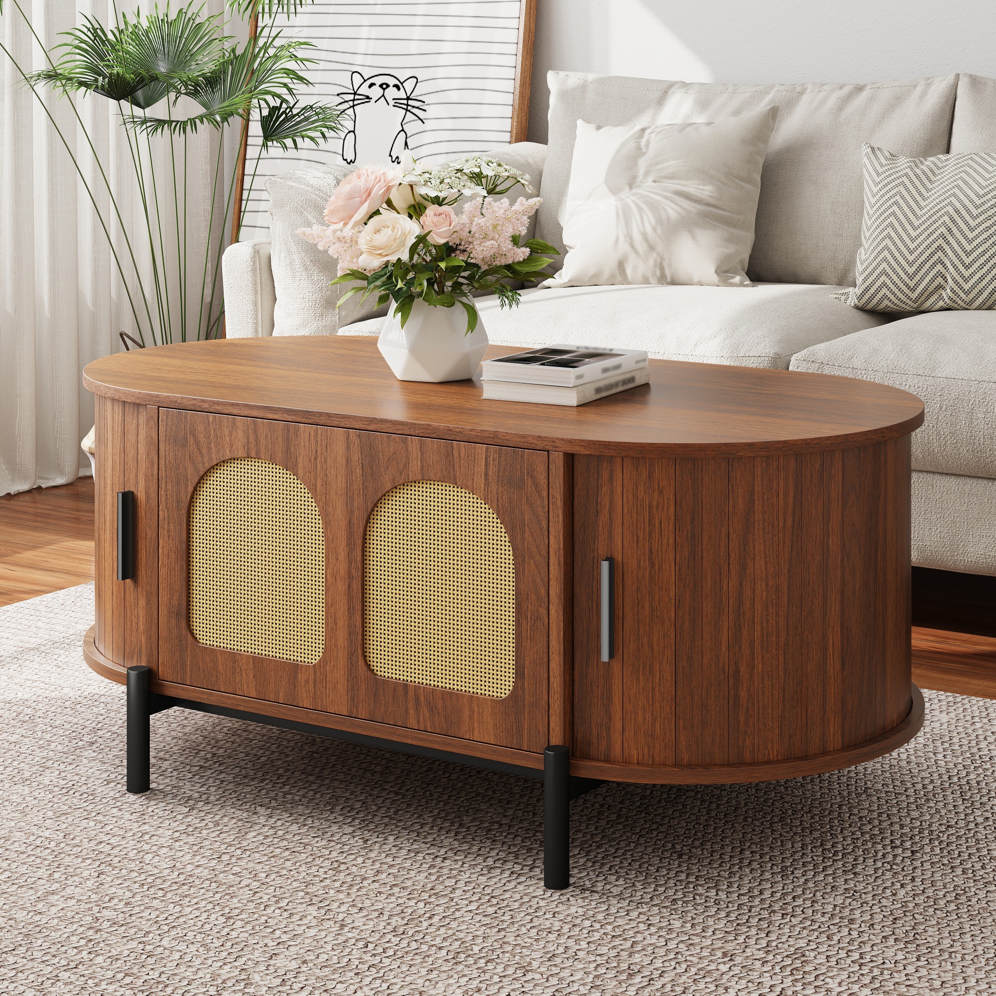 Ovaler Couchtisch mit Rattan, Schiebetüren, Holzop