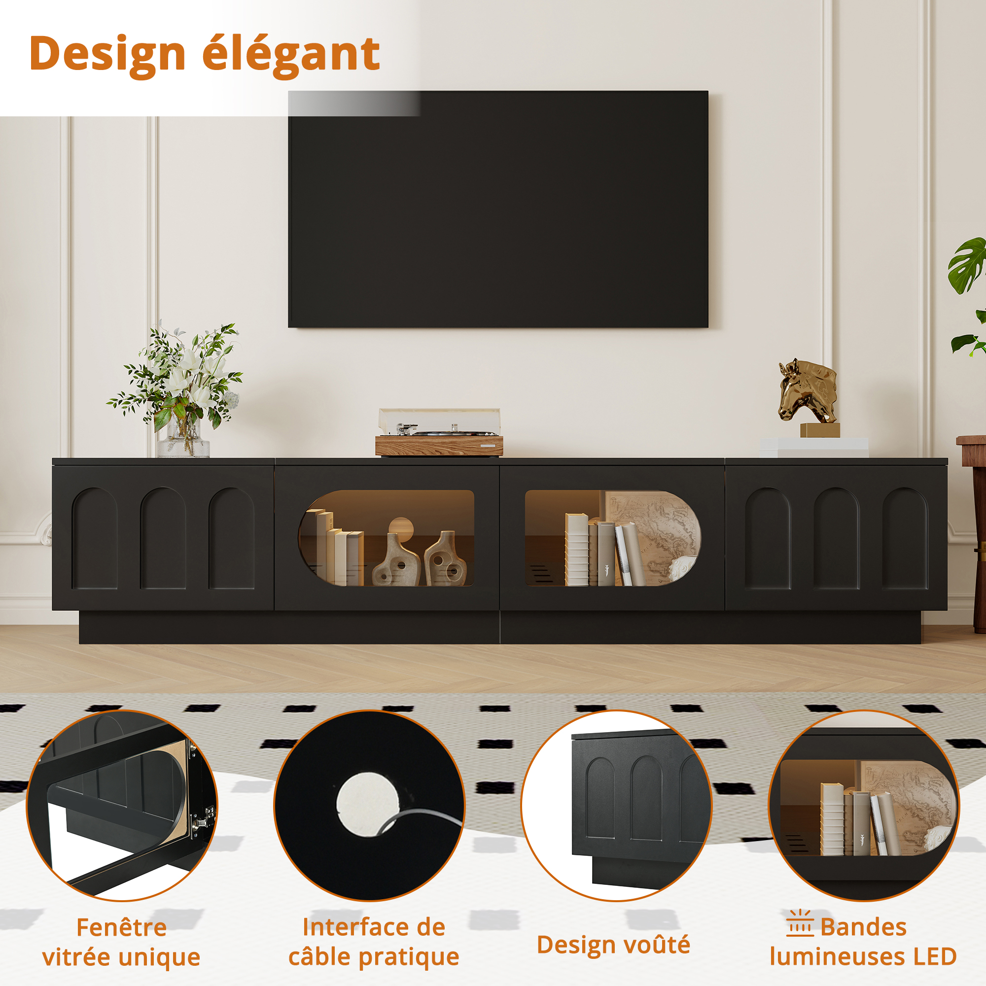 Meuble TV noir avec portes vitrées LED