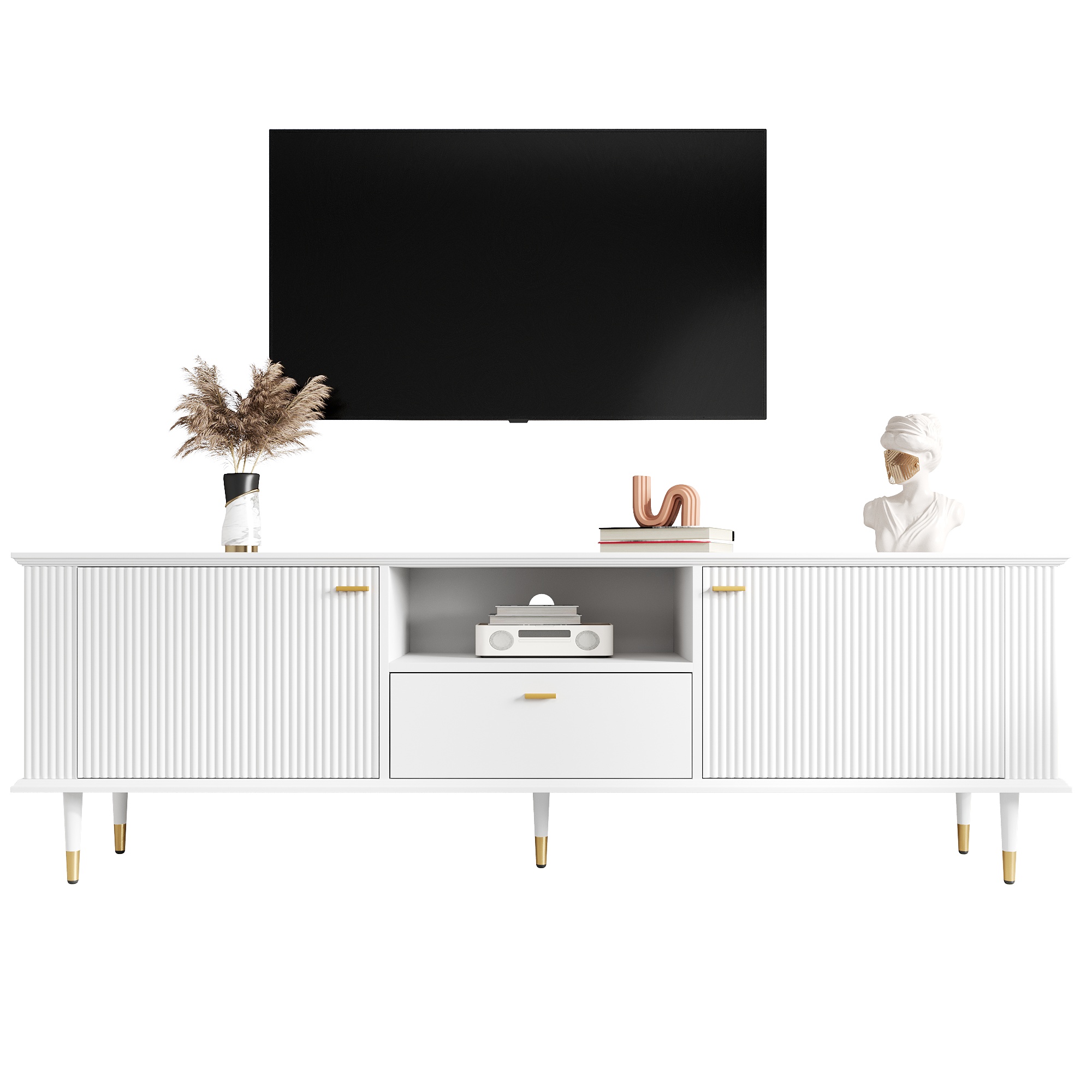 Meuble TV, avec tiroirs, fermeture douce, 170 x 36 x 54 cm, MDF, blanc - vue 1