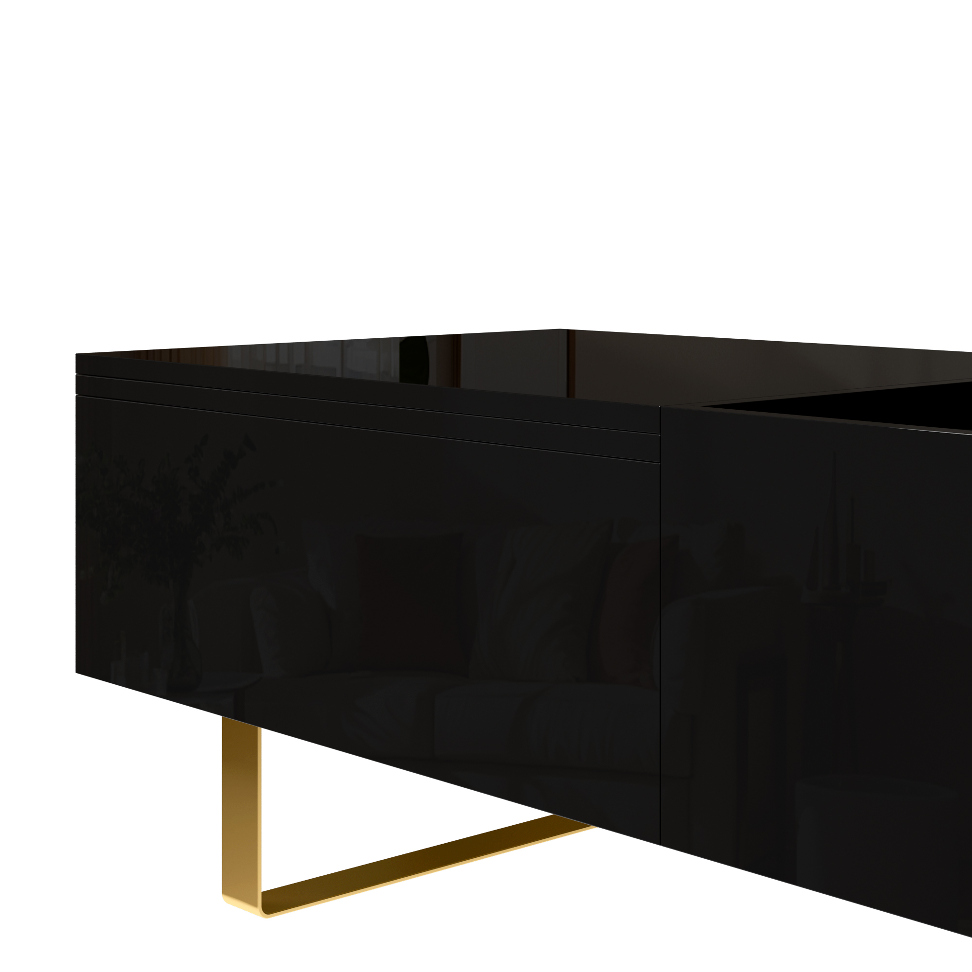 Table basse relevable brillante avec pieds en métal doré