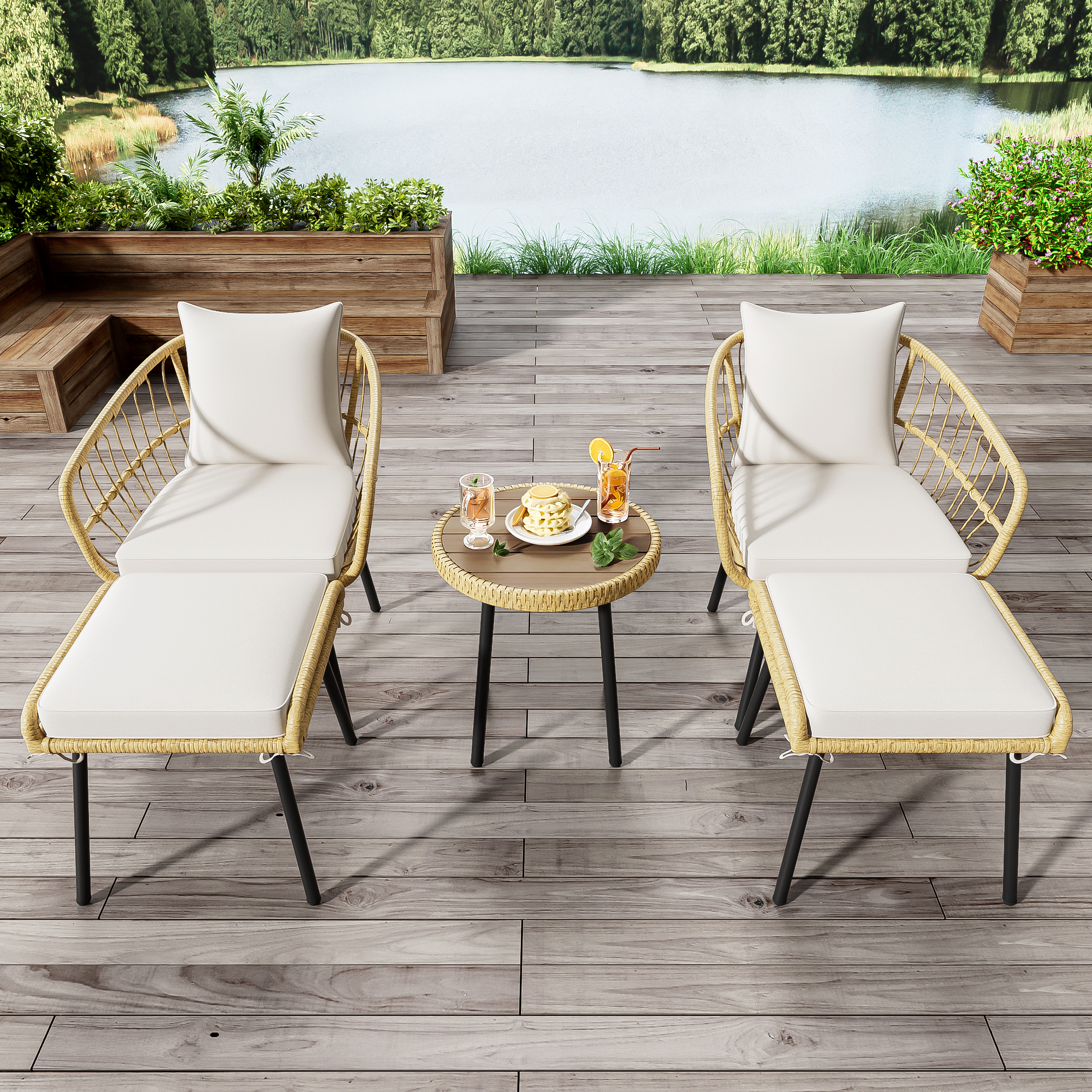 Table à manger, détails en rotin, rotin et tissu, bois naturel - vue 3