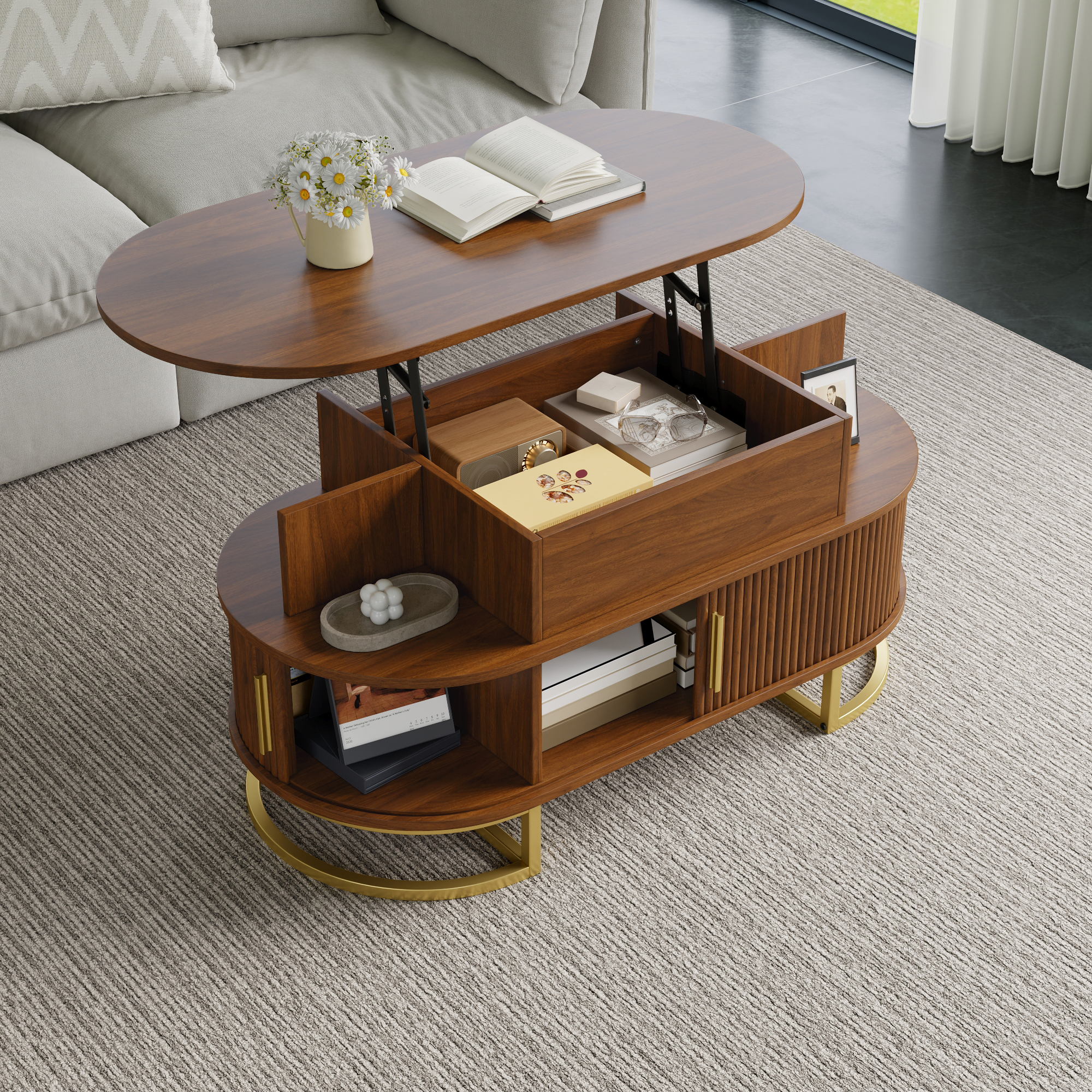 Table basse, hauteur réglable, rangement intégré, 100 x 50 x 64 cm, acier et MDF, Walnut - vue 9