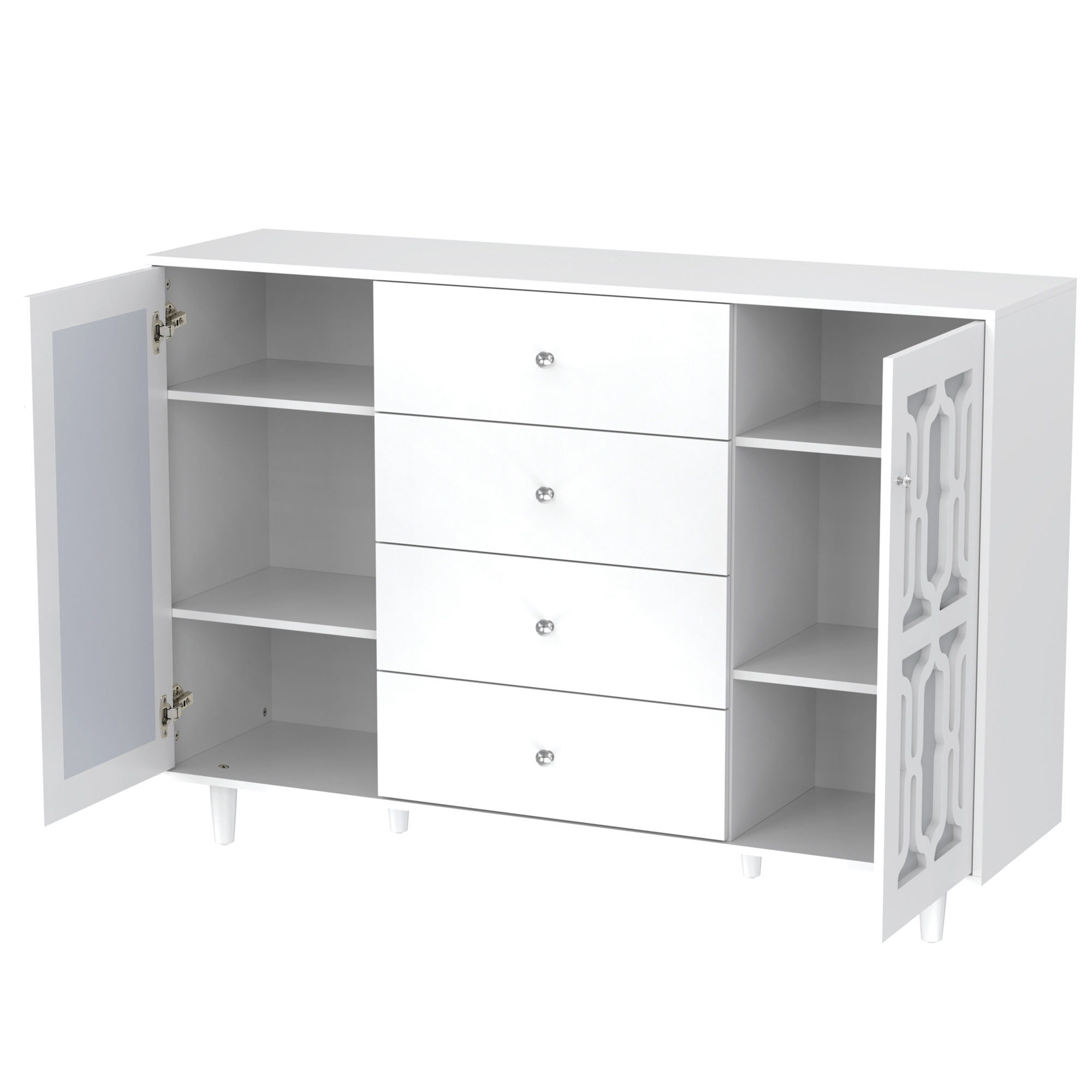 Buffet blanc avec surface miroir, poignée verre cristal, 2 portes + 4 tiroirs, pieds bois massif, dimensions 147.5×40×102 cm, pour salon et entrée, design luxueux, beaucoup de rangement, style élégant - image 12