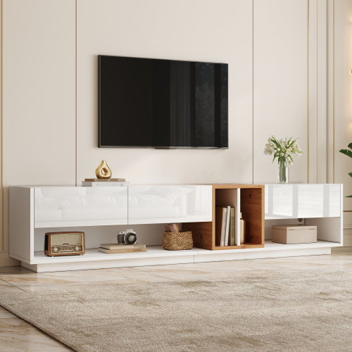 Meuble TV blanc avec façades brillantes et partie centrale imitation bois