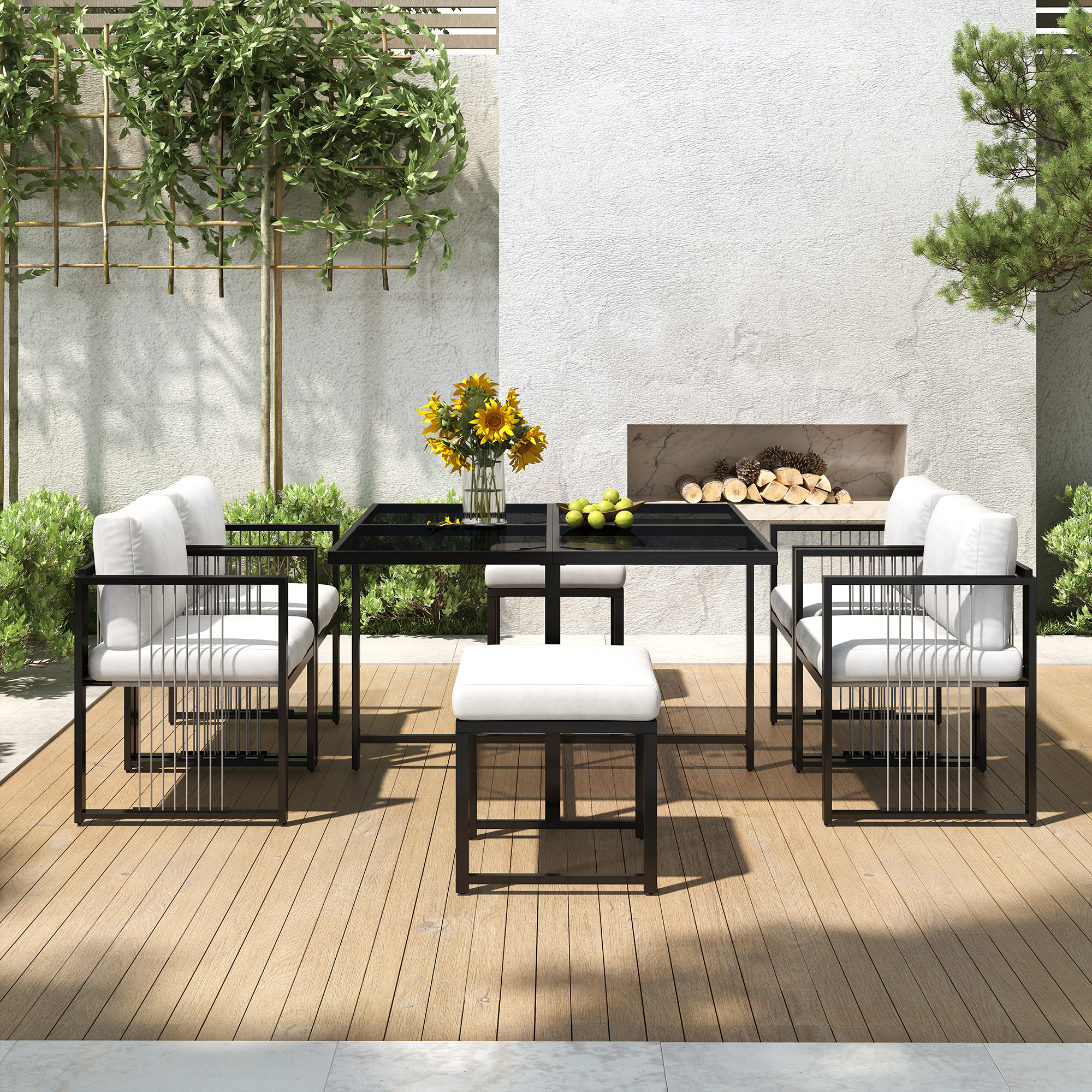 Table carrée plateau verre trempé noir 117x117 cm résistant à la chaleur