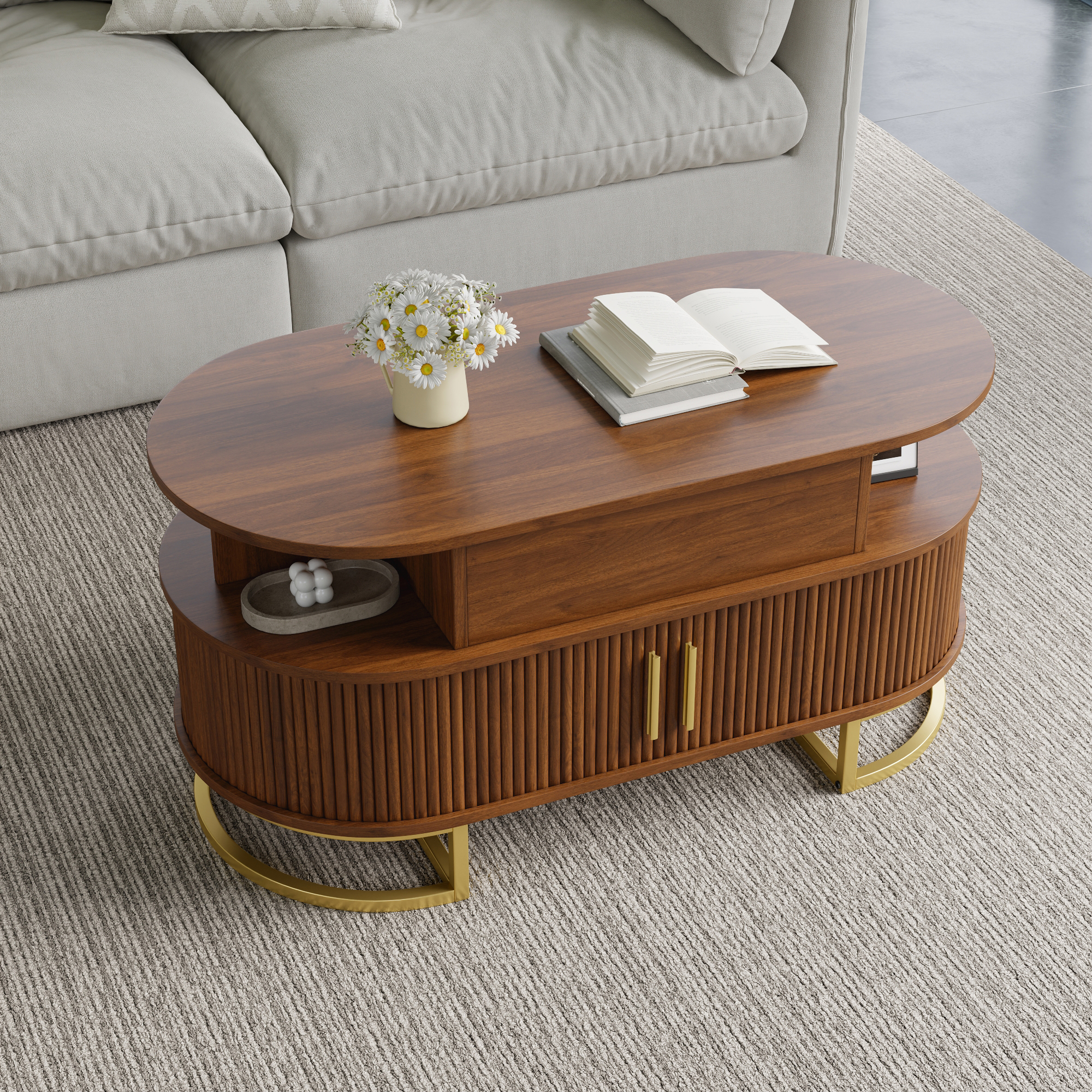 Table basse, hauteur réglable, rangement intégré, 100 x 50 x 64 cm, acier et MDF, Walnut - vue 6