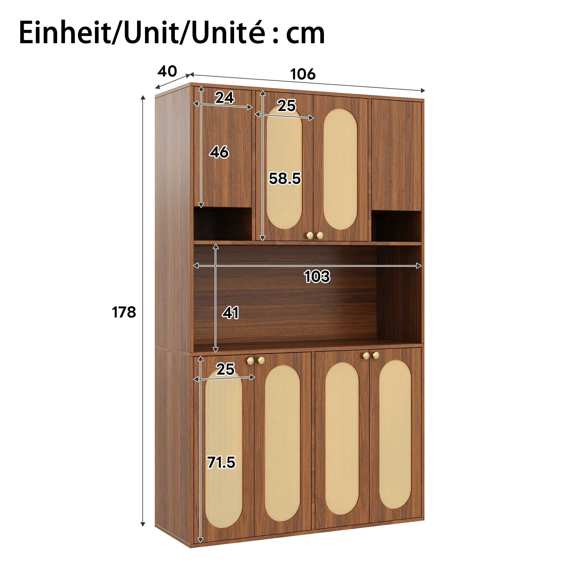 Buffet, éclairage led, prises et recharge intégrées, détails en rotin, 106 x 40 x 178 cm, rotin et MDF, bois naturel - vue 2