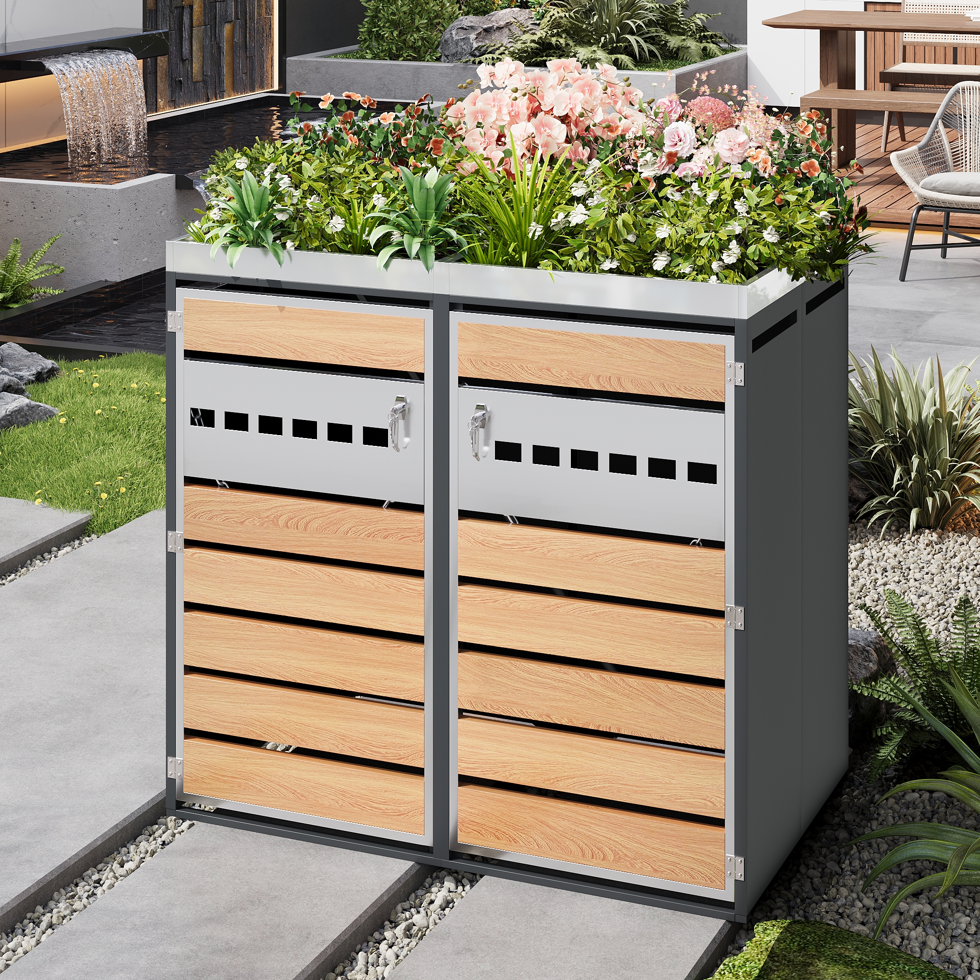 Portes lamelles bois + métal perforé, ventilation optimale anti‑odeur