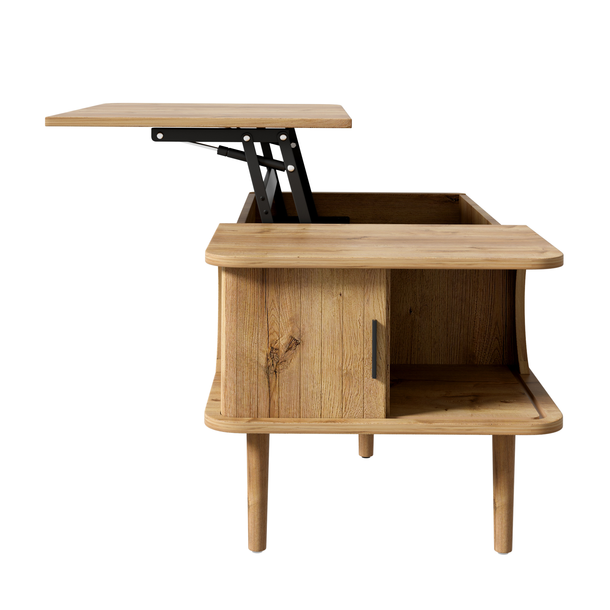 Table basse ronde, table de salon 100 x 48 x 55,5 cm avec plateau relevable, façades rainurées, MDF, Effet bois naturel