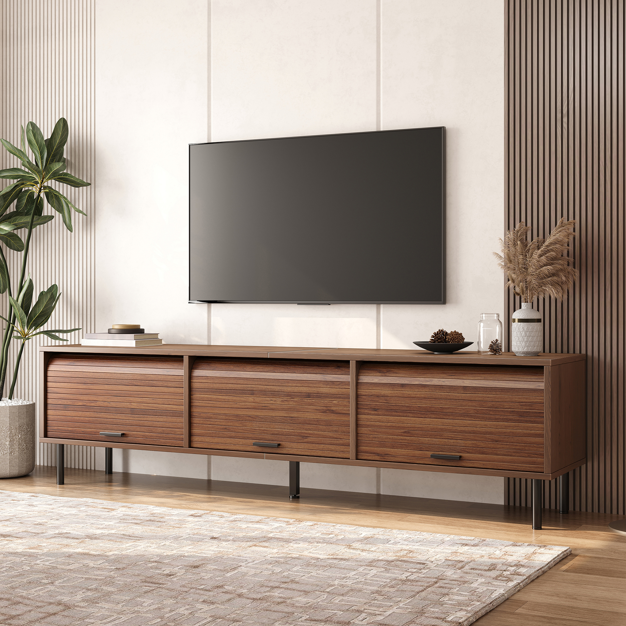 Meuble TV 180 cm, meuble bas de salon avec 3 portes, façades rainurées, panneaux de particules, MDF et métal, Effet noyer