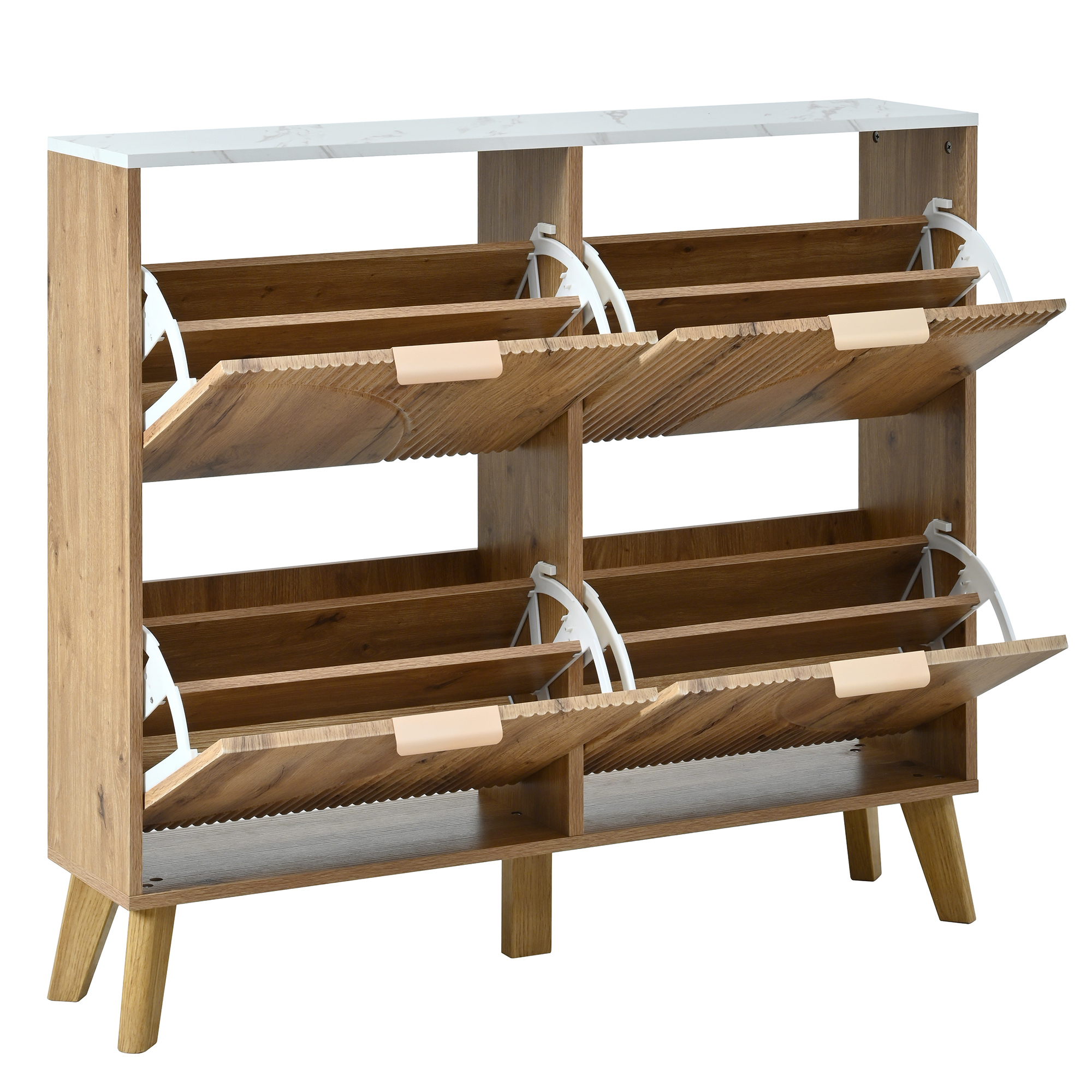 Meuble à chaussures 105 cm, meuble de rangement d’entrée avec 4 portes, finition effet marbre, MDF, Effet bois naturel