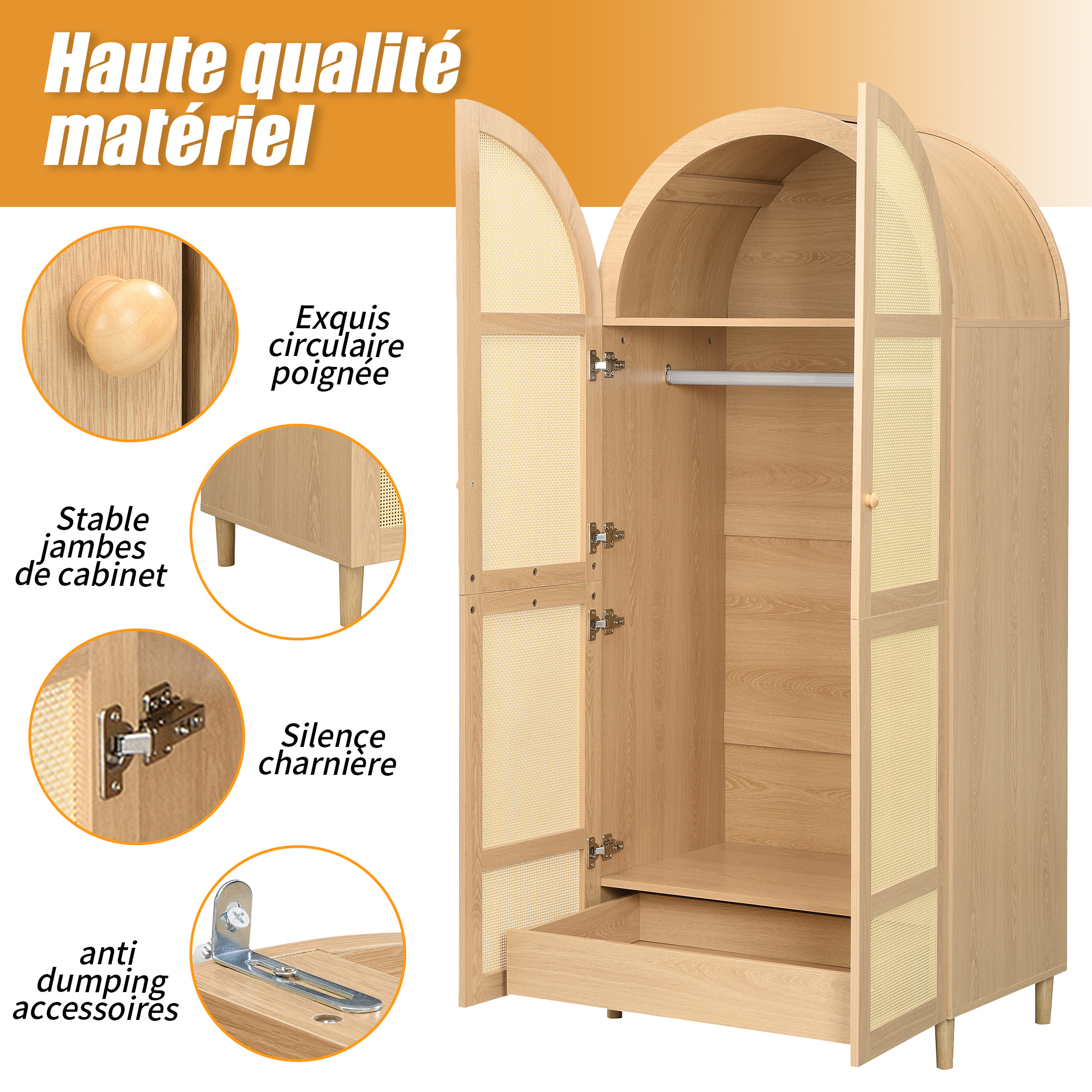 Armoire penderie 80 x 50 x 179 cm, portes courbes, tringle, tiroirs, MDF et panneaux de particules, Effet bois naturel - vue complémentaire
