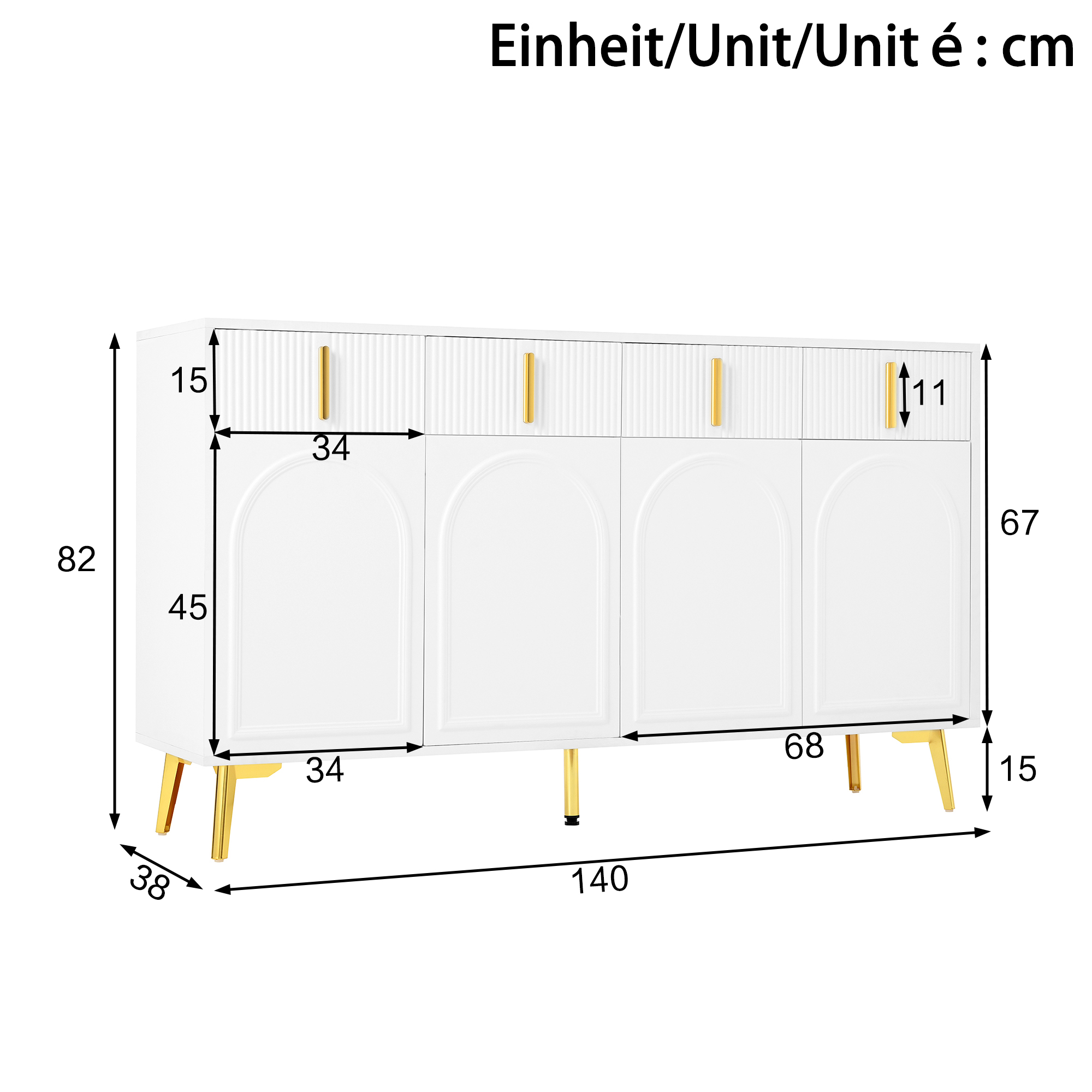 Buffet, avec tiroirs, 140 x 38 x 82 cm, MDF, blanc - vue 6