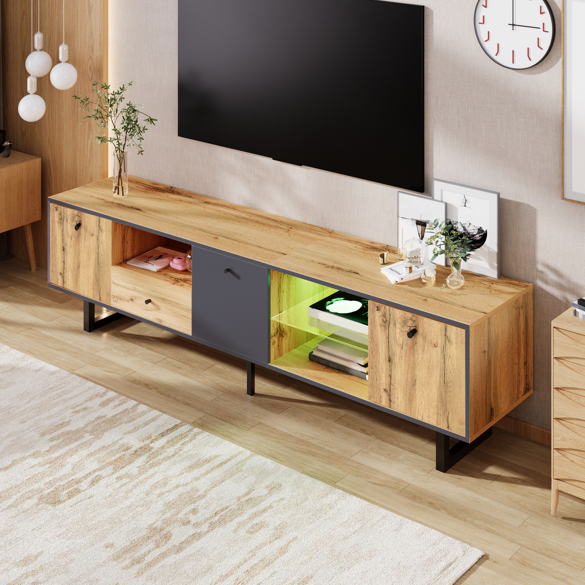 meuble TV style industriel bois gris noir pieds fer