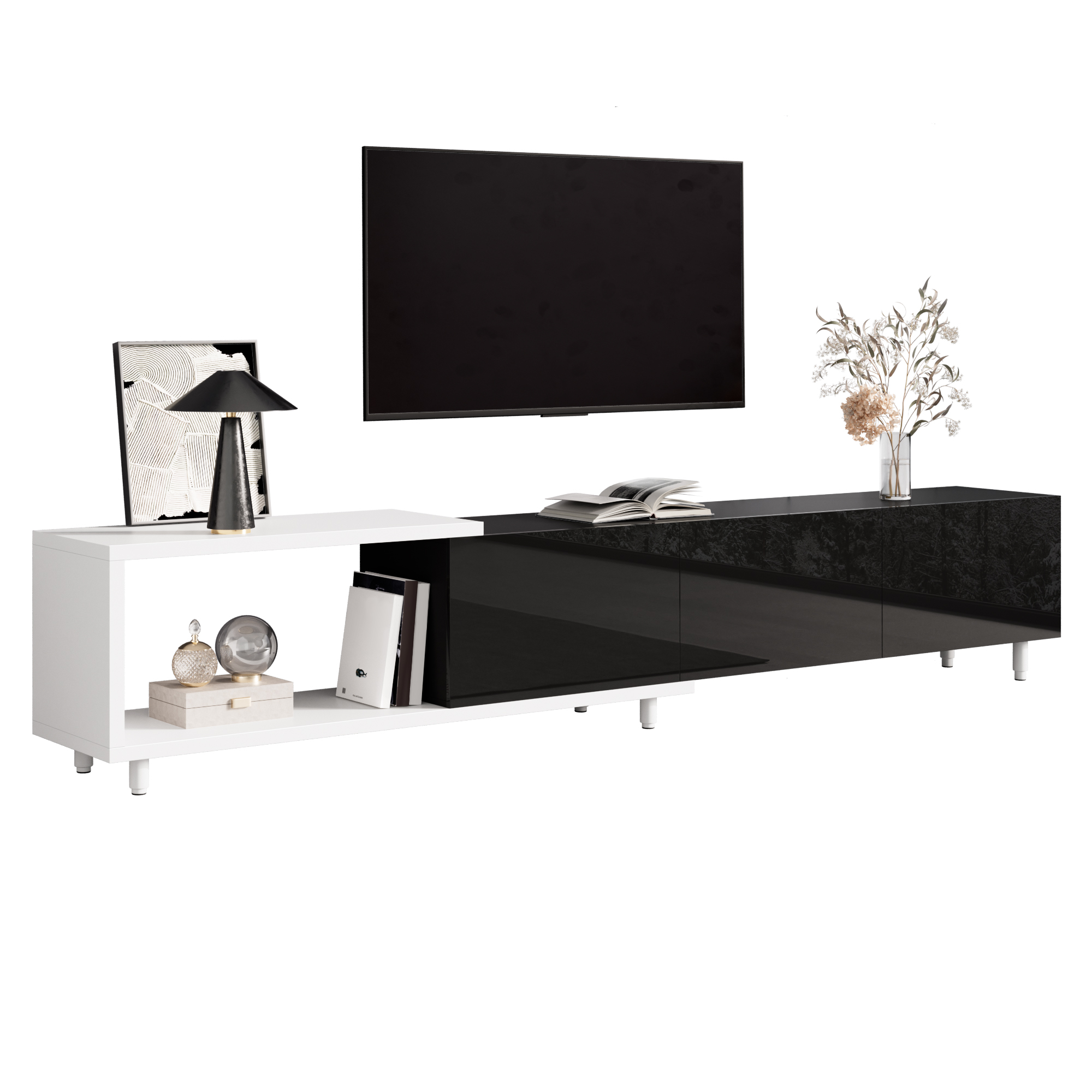 Meuble TV, extensible, rangement intégré, 258 x 38 x 48,5 cm, panneaux de particules et métal, blanc - vue 1