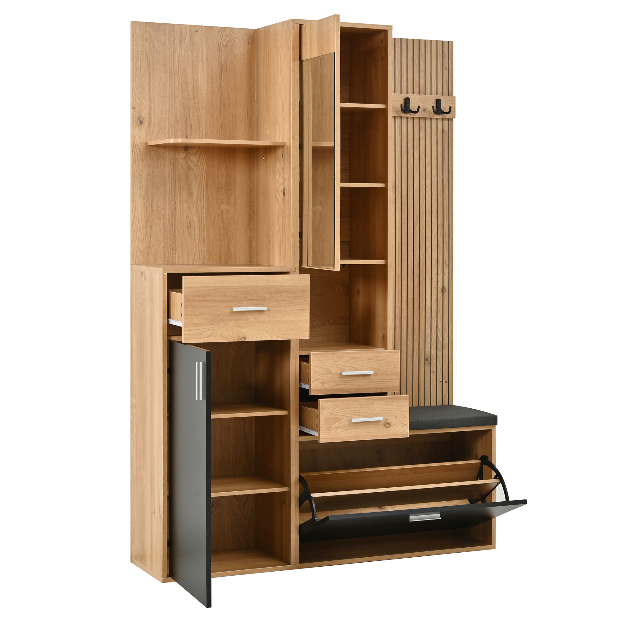 Armoire penderie 120 x 32 x 178 cm, portes courbes, tringle, tiroirs, LED, MDF et panneaux de particules, Noir et Effet bois naturel - dimensions et spécifications
