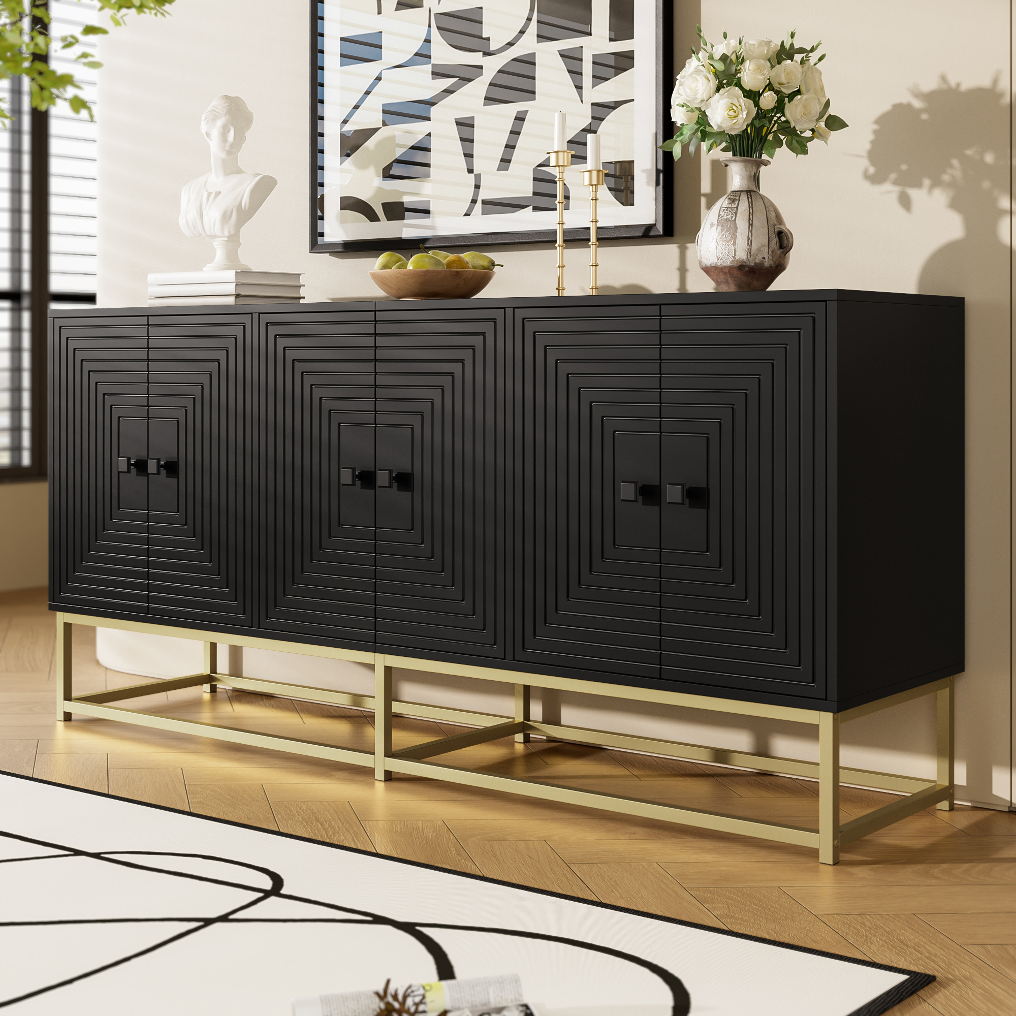 Buffet, rangement intégré, 160 x 38 x 75,5 cm, panneaux de particules, noir - vue 4
