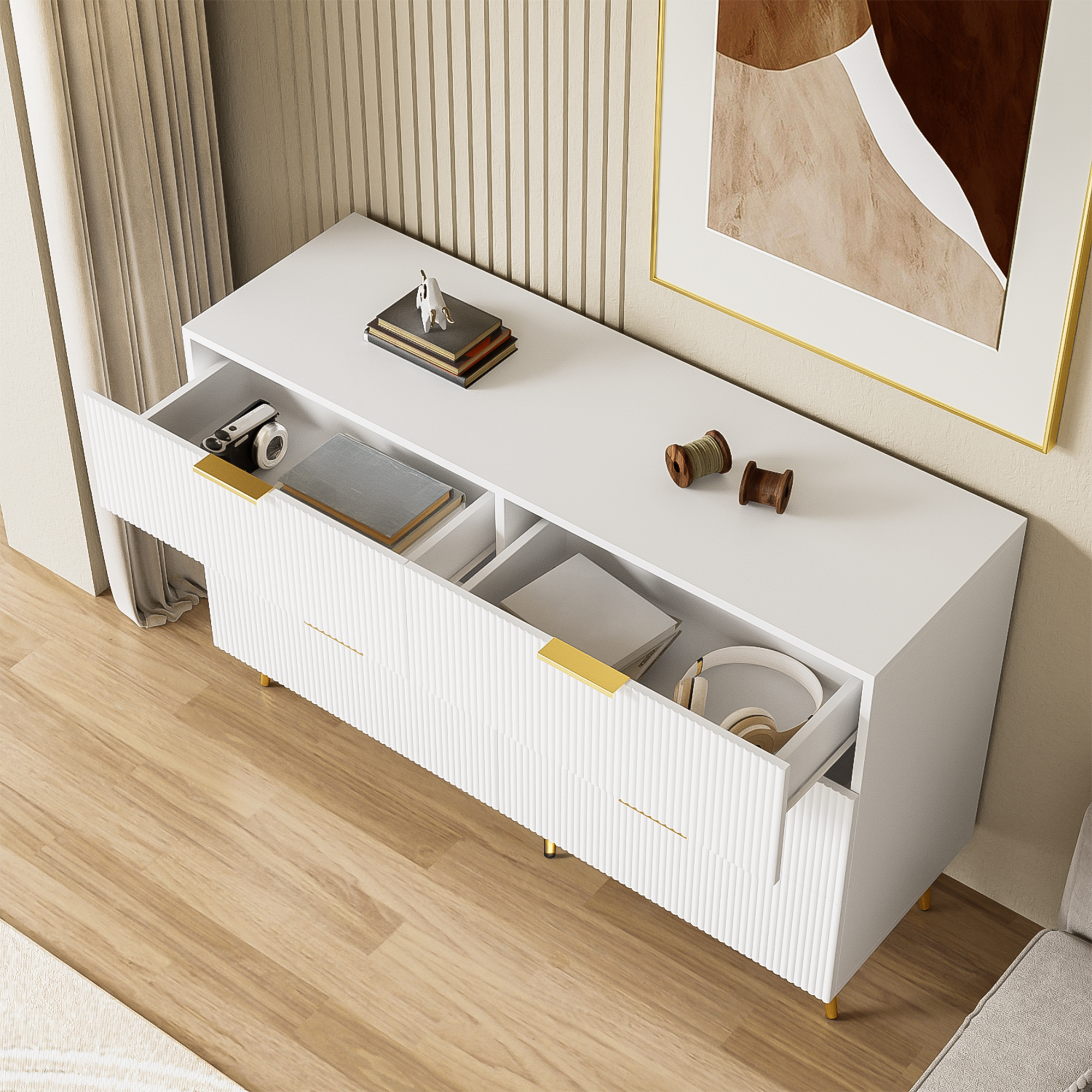 Buffet, rangement intégré, avec tiroirs, 120 x 40 x 77 cm, panneaux de particules, blanc - vue 4