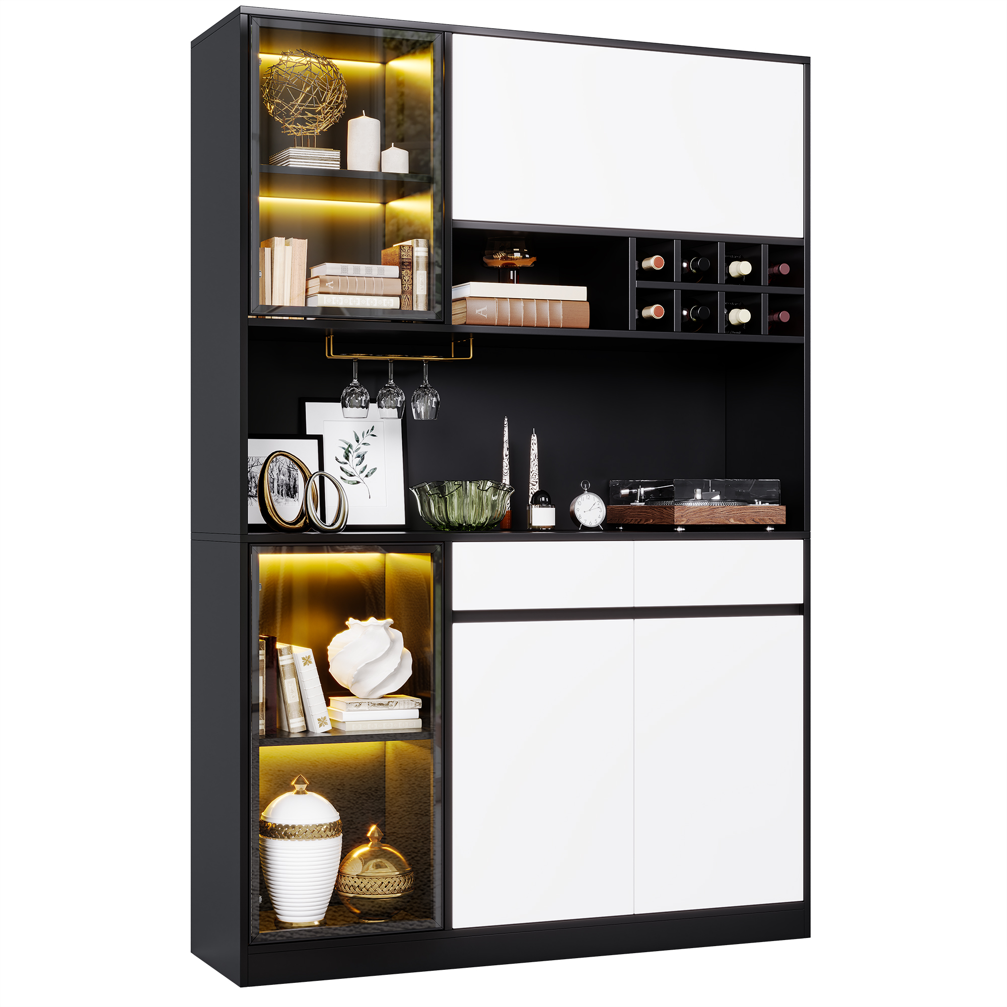 Buffet, avec tiroirs, éclairage led, 120 x 35 x 180 cm, MDF, blanc - vue 1