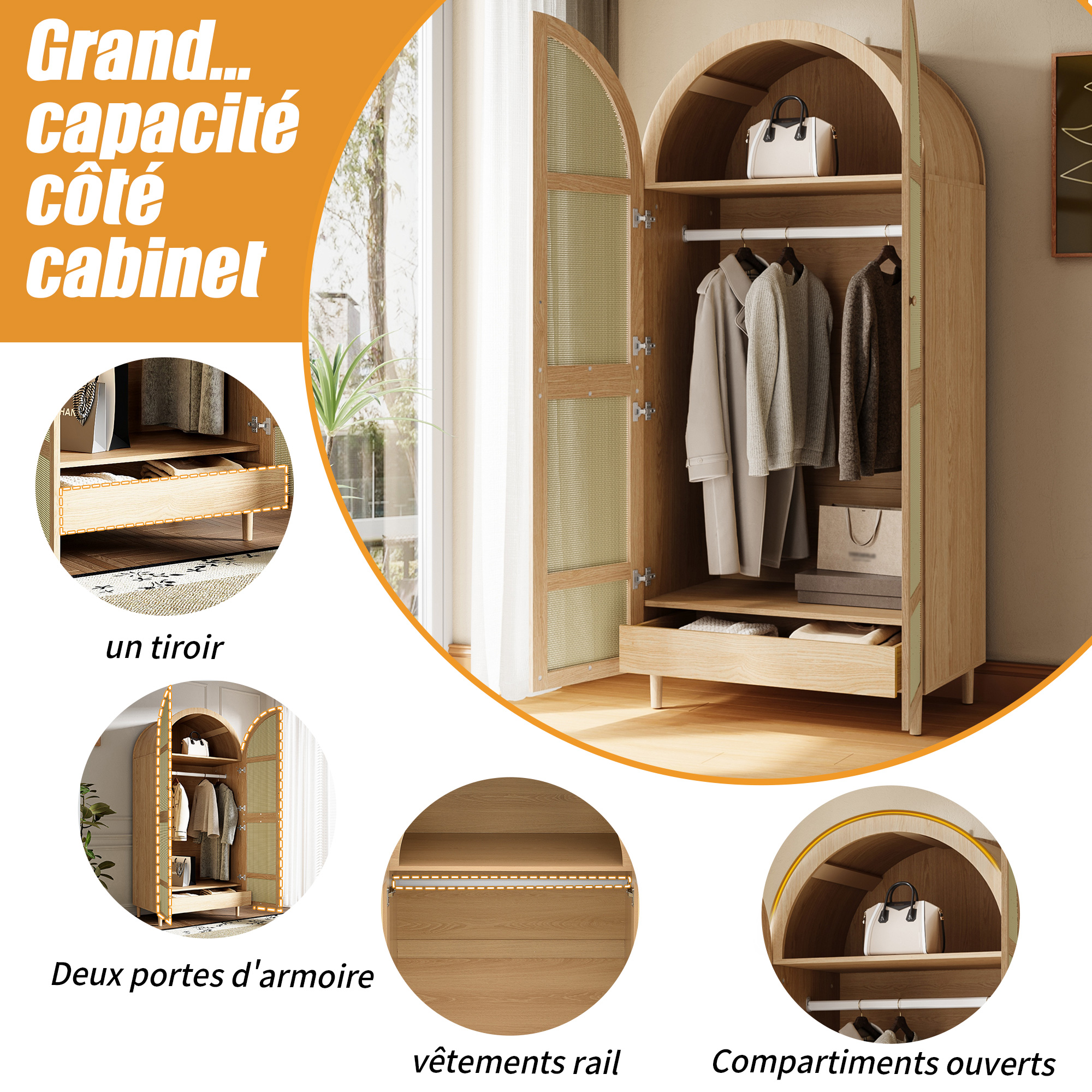 Armoire penderie 80 x 50 x 179 cm, portes courbes, tringle, tiroirs, MDF et panneaux de particules, Effet bois naturel - dimensions et spécifications