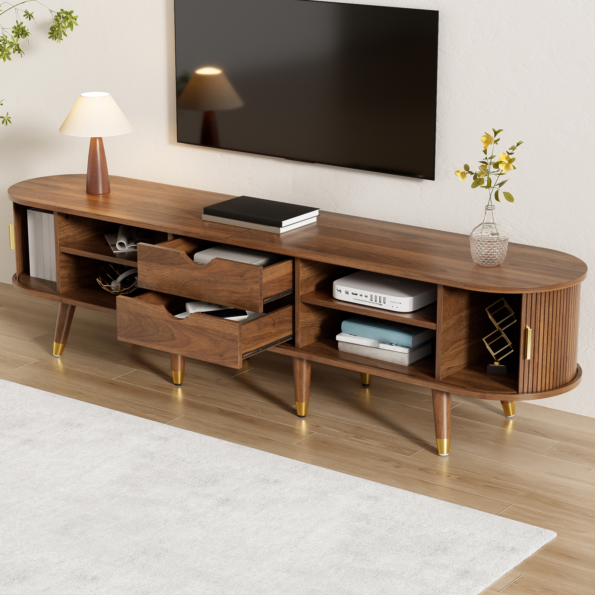 meuble TV et table basse équipés chacun de deux portes coulissantes