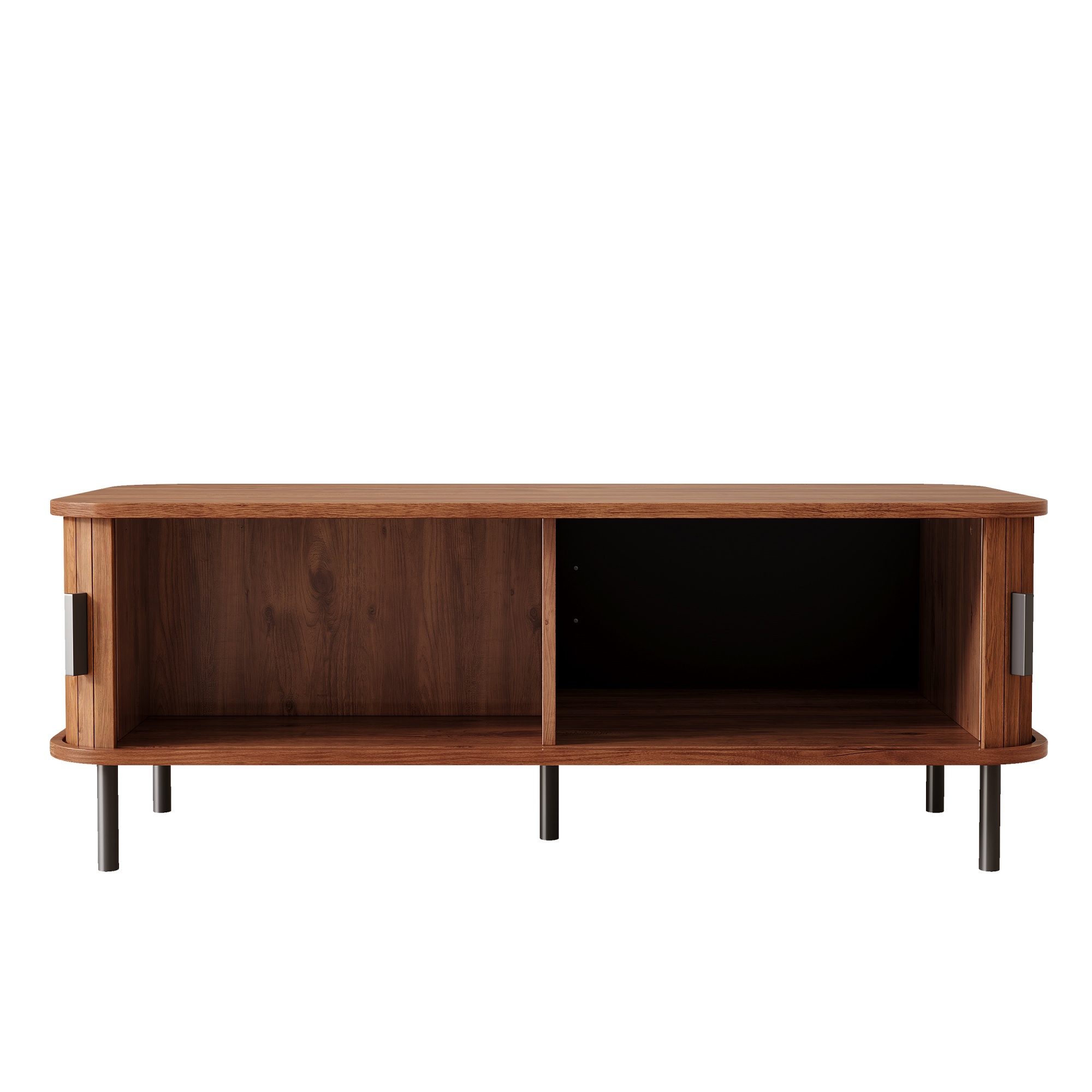 Table basse ronde, table de salon 120 x 55 x 45 cm avec portes coulissantes, façades à lattes, panneaux de particules et MDF, Effet noyer