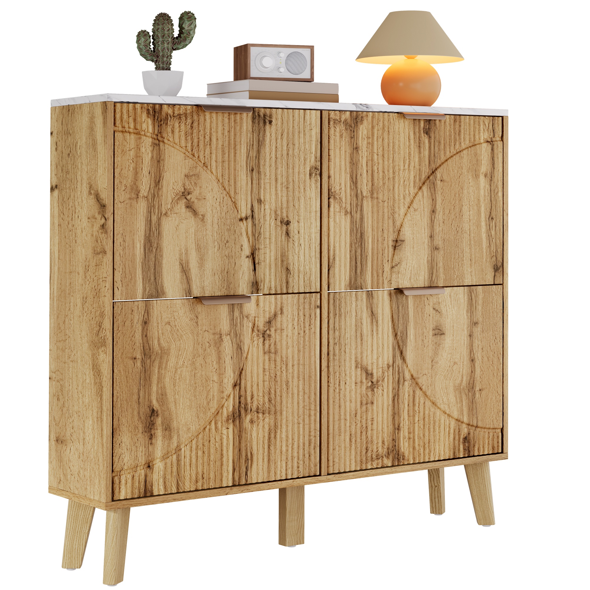 Meuble à chaussures 105 cm, meuble de rangement d’entrée avec 4 portes, finition effet marbre, MDF, Effet bois naturel