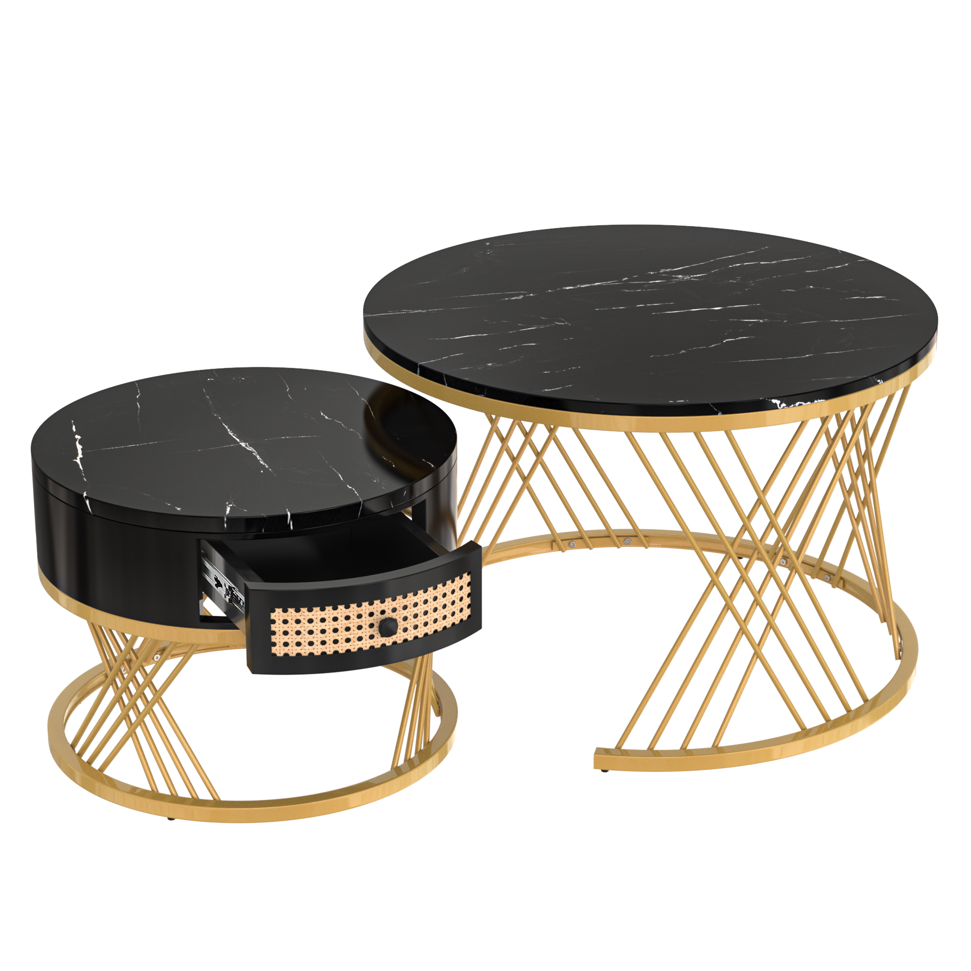 Table basse, avec tiroirs, détails en rotin, 50 x 50 x 38,5cm, bois massif et rotin, noir - vue 5
