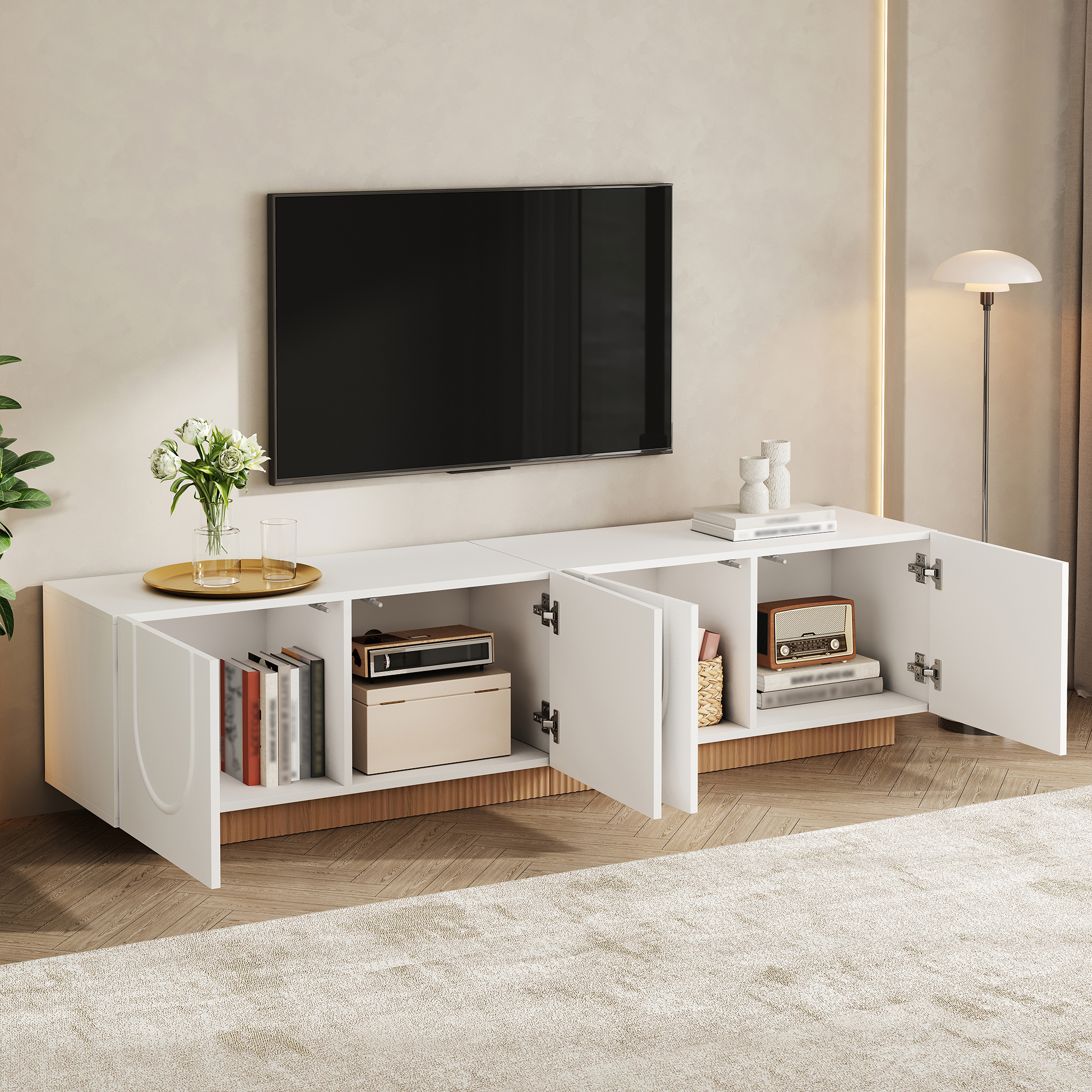 Meuble TV 170 cm, meuble bas de salon avec 4 portes, 4 compartiments, passe-câbles, façade en relief géométrique, panneaux de particules et MDF, Blanc