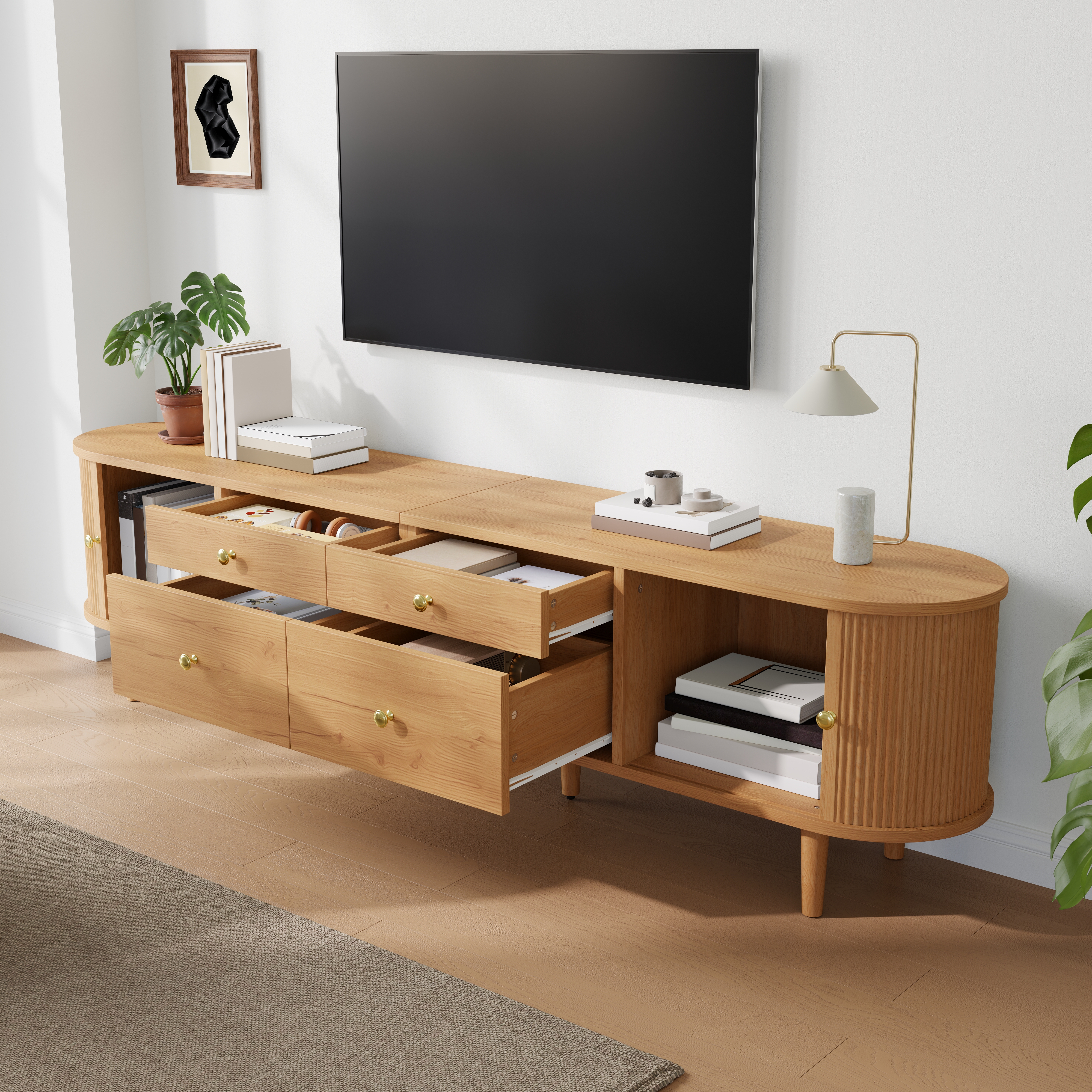 Meuble TV 180 cm, meuble bas de salon avec 2 portes coulissantes, 4 tiroirs, façade ondulée 3D, panneaux de particules et MDF, Effet bois naturel