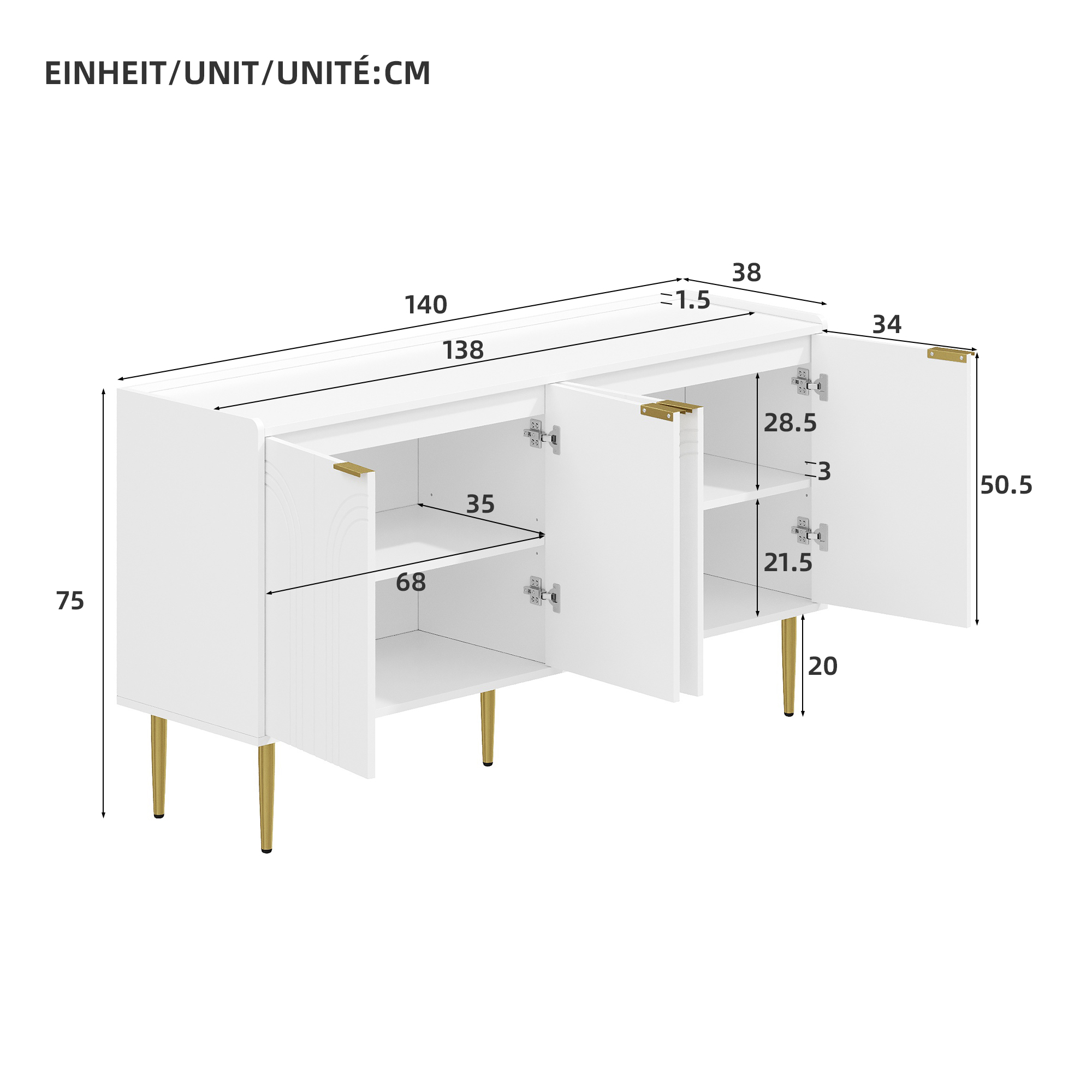Buffet, rangement intégré, 140 x 38 x 75 cm, MDF, blanc - vue 2