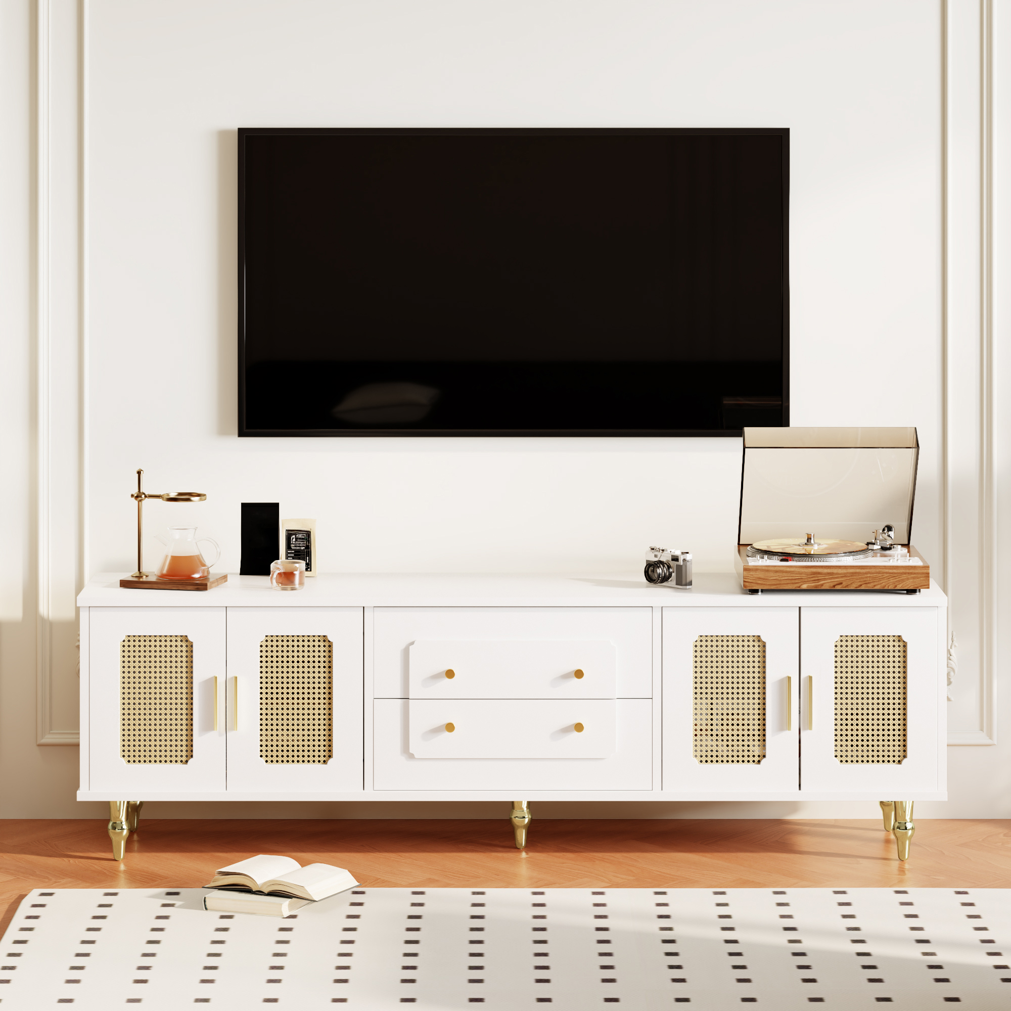 Lowboard, TV-Möbel im Retro-Stil: goldene Griffe, 